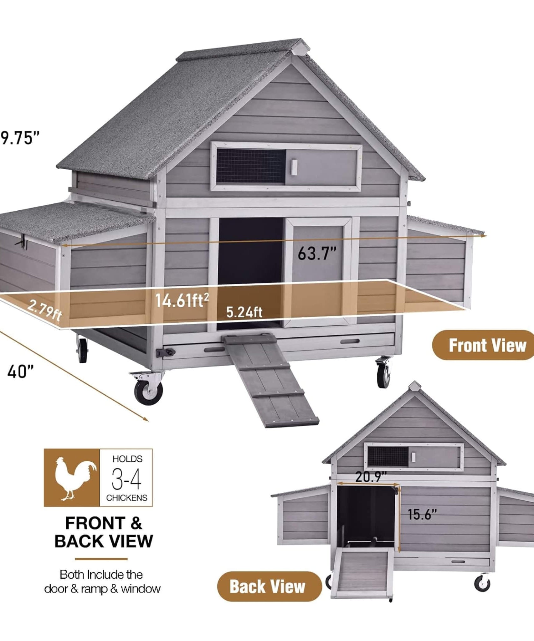 Large 63-Inch Movable Wooden Hen House With Wheels And Nesting Box (SAK50791)