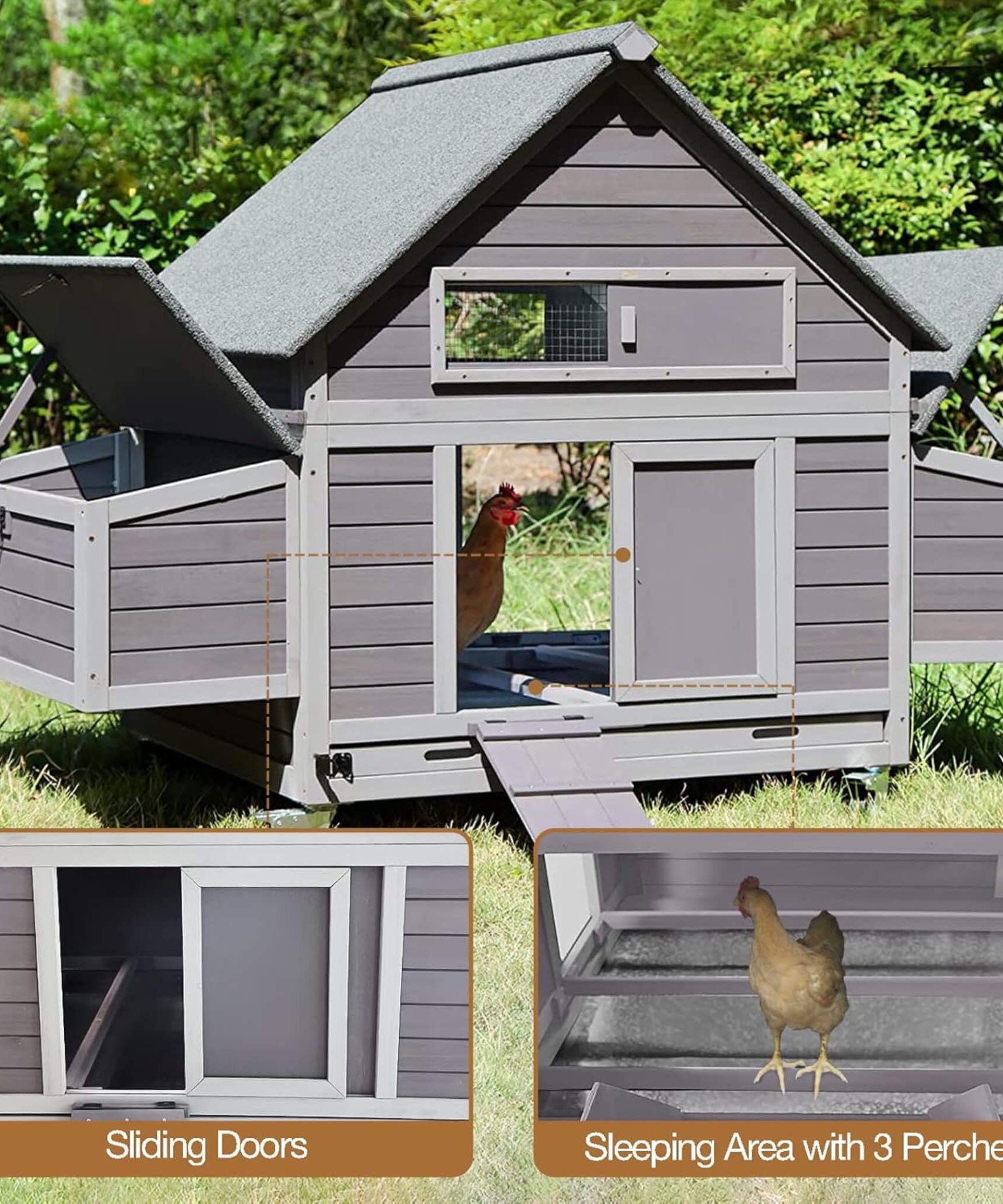 Large 63-Inch Movable Wooden Hen House With Wheels And Nesting Box (SAK50791)