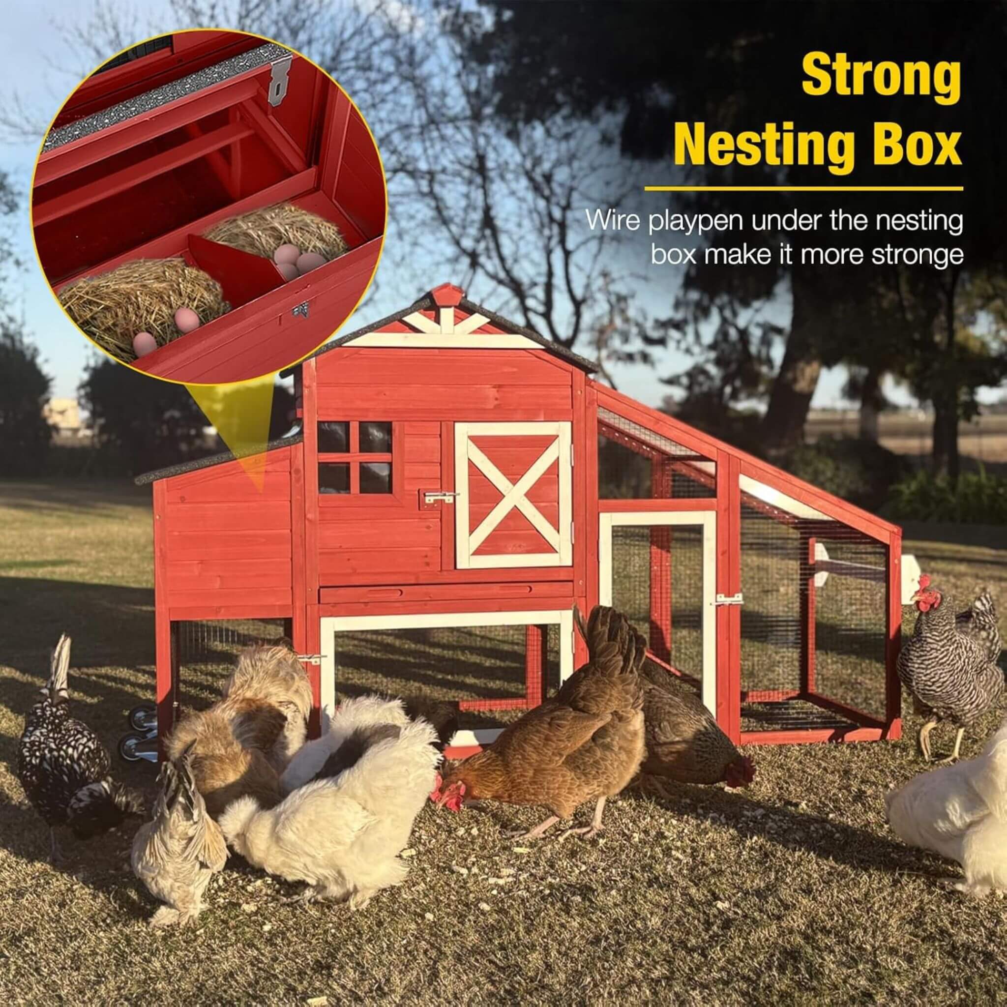Large 73-Inch Portable Chicken Coop With Wheels And Nesting Box (SAK27495)