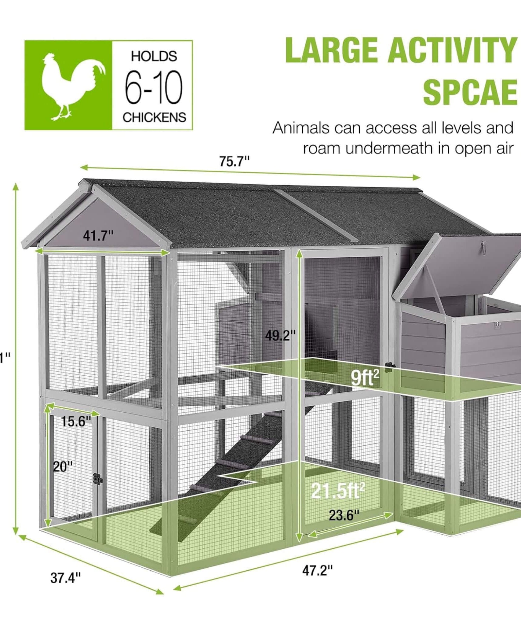 Large 76-Inch Outdoor Chicken Hen House With Sleeping Area And Run [6-10 Chickens] (SAK56431)