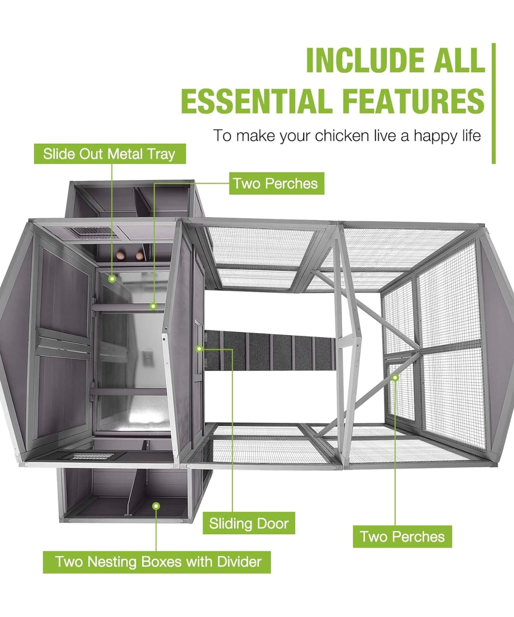 Large 76-Inch Outdoor Chicken Hen House With Sleeping Area And Run [6-10 Chickens] (SAK56431)