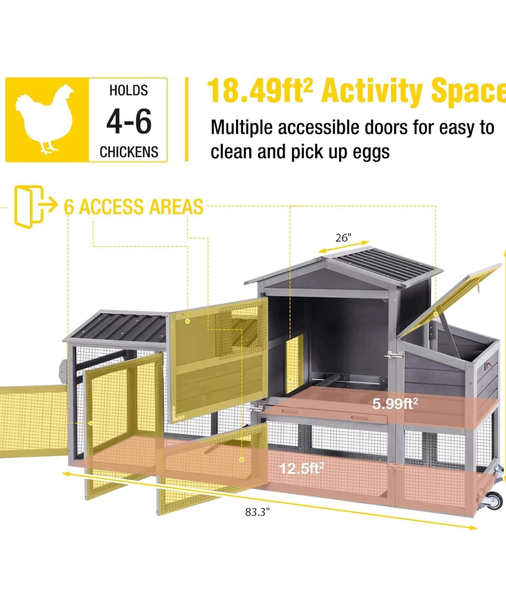 Large 83-Inch Mobile Chicken Coop With Wheels And Nesting Box [4-6 Chickens] (SAK81360)