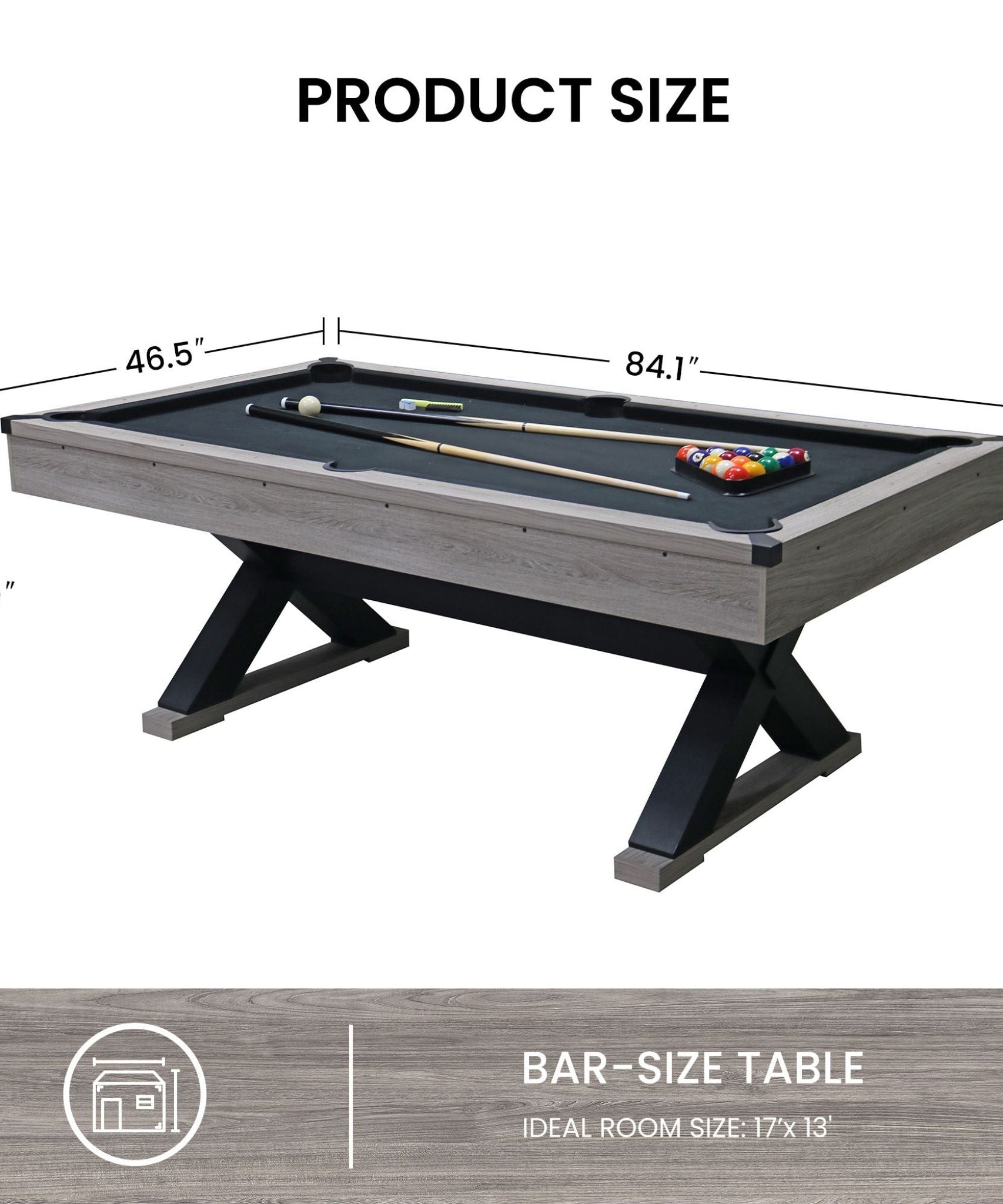Large 84-Inch Rustic Gray Pool Table With Cues, Balls And X-Legs (SAK54361)