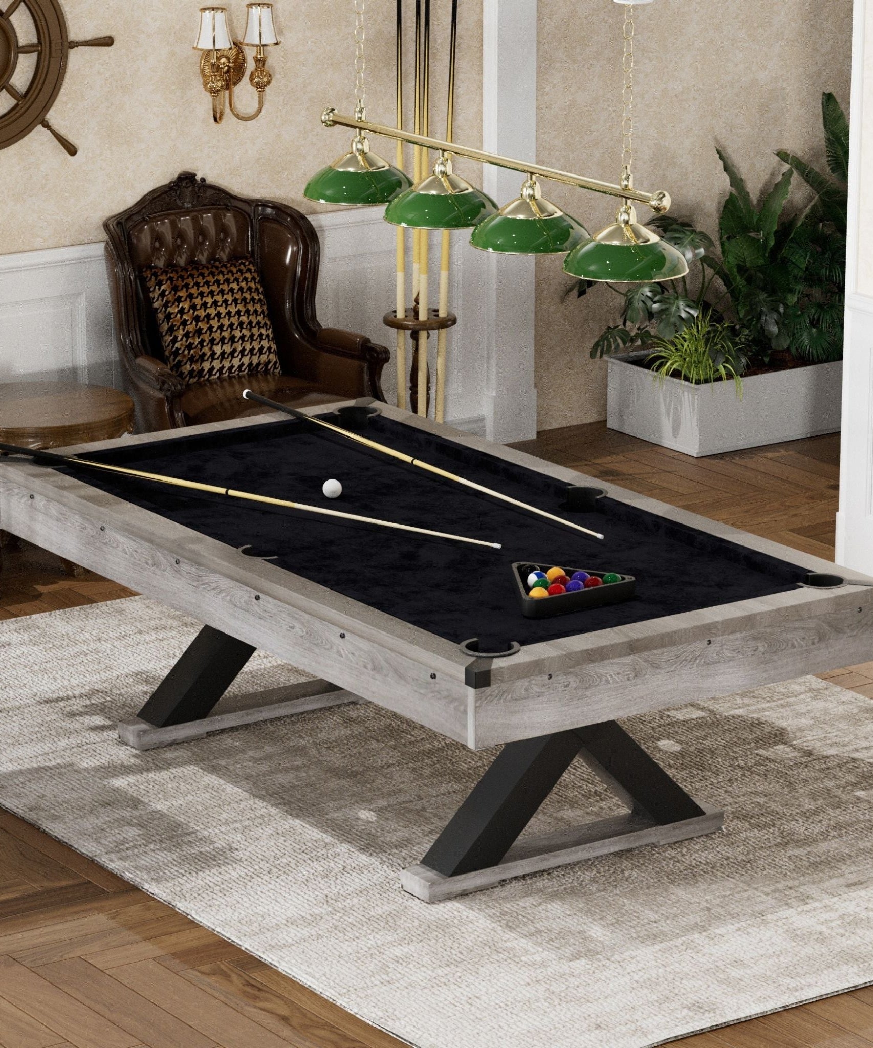 Large 84-Inch Rustic Gray Pool Table With Cues, Balls And X-Legs (SAK54361)