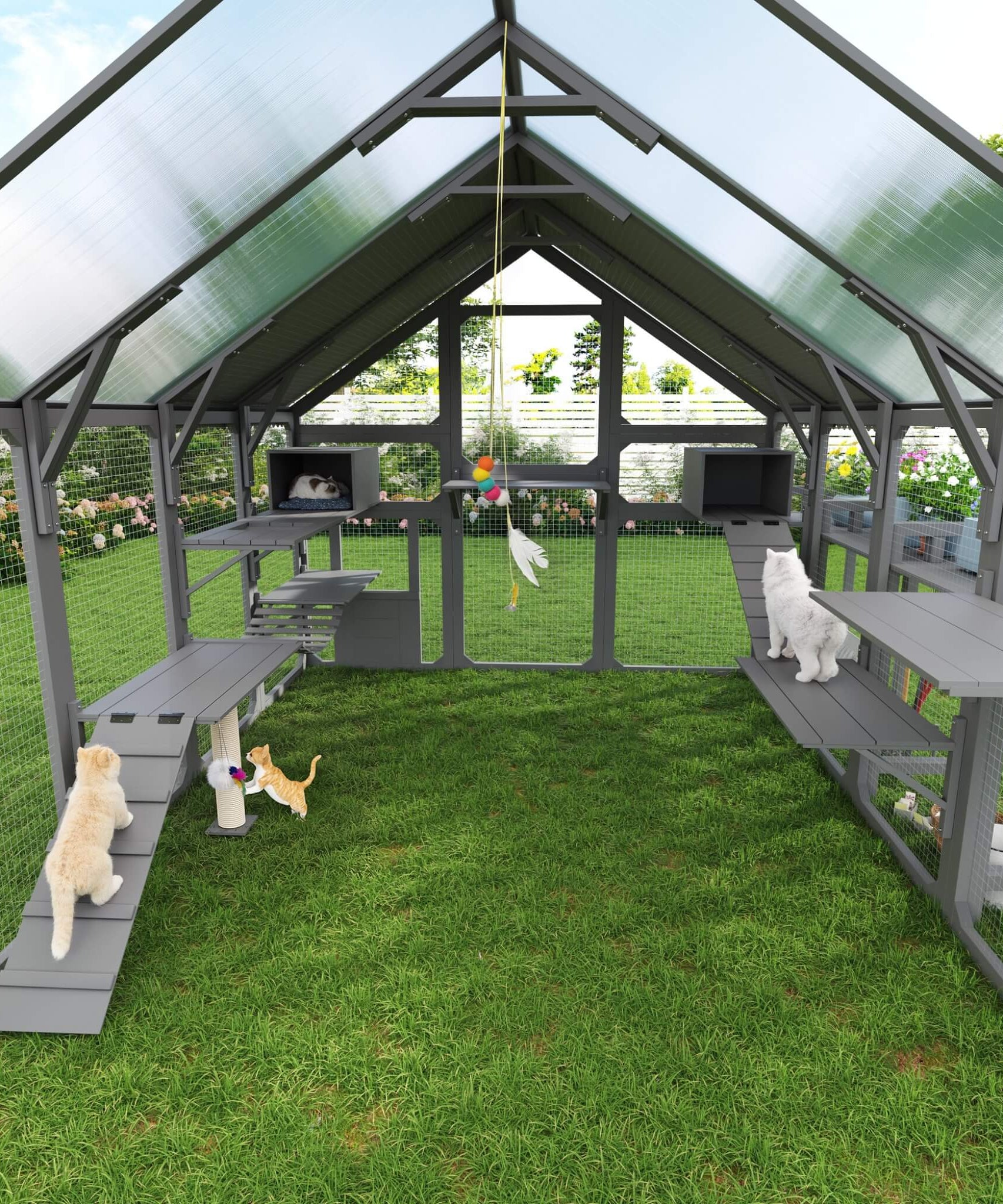 Large 94-Inch Outdoor Wooden Cat House With Planter & Walk-In Catio (SAK97531)