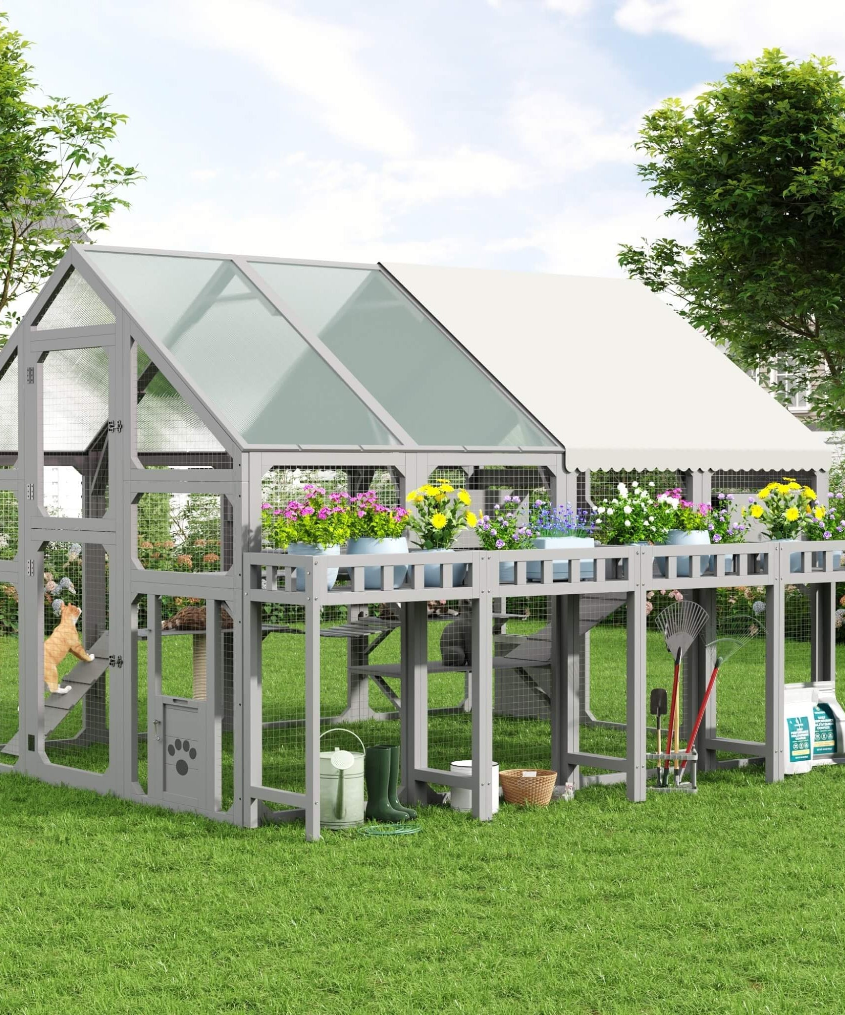 Large 94-Inch Outdoor Wooden Cat House With Planter & Walk-In Catio (SAK97531)