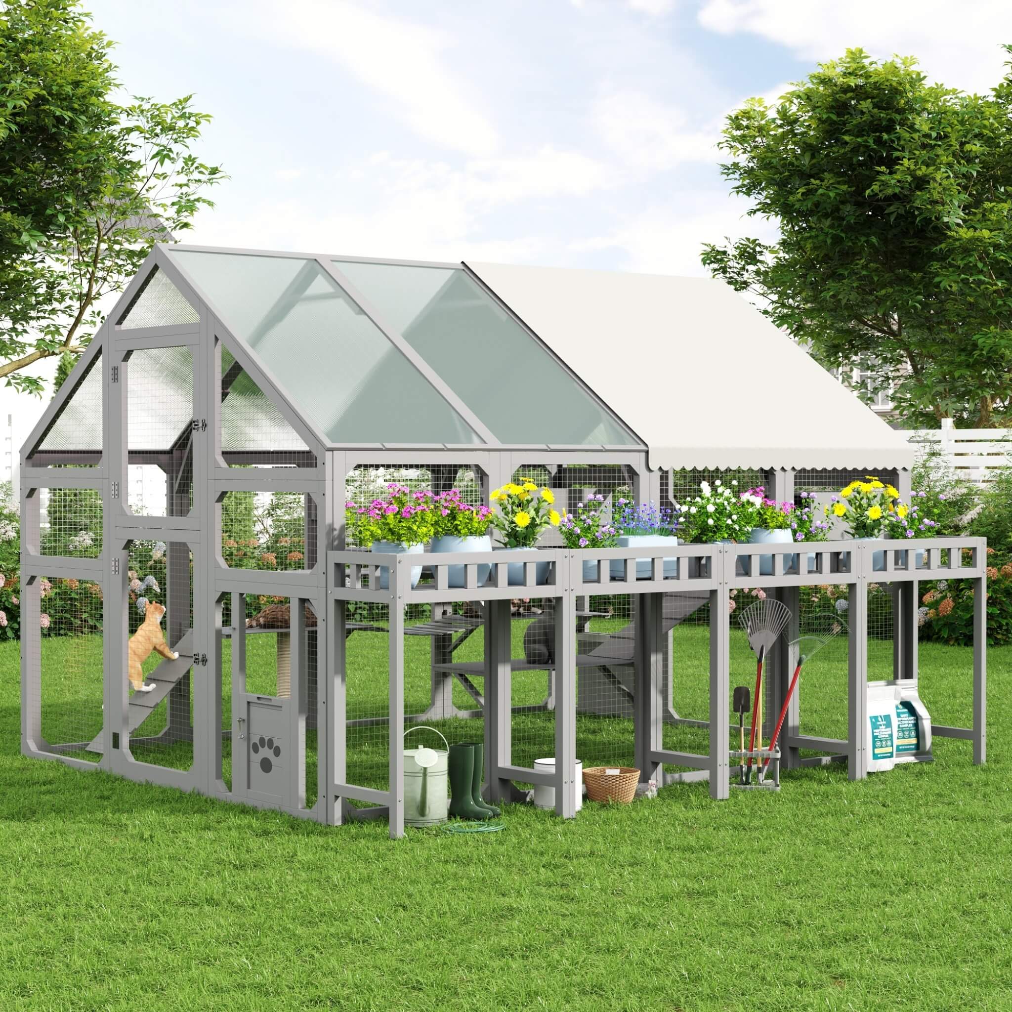Large 94-Inch Outdoor Wooden Cat House With Planter & Walk-In Catio (SAK97531)