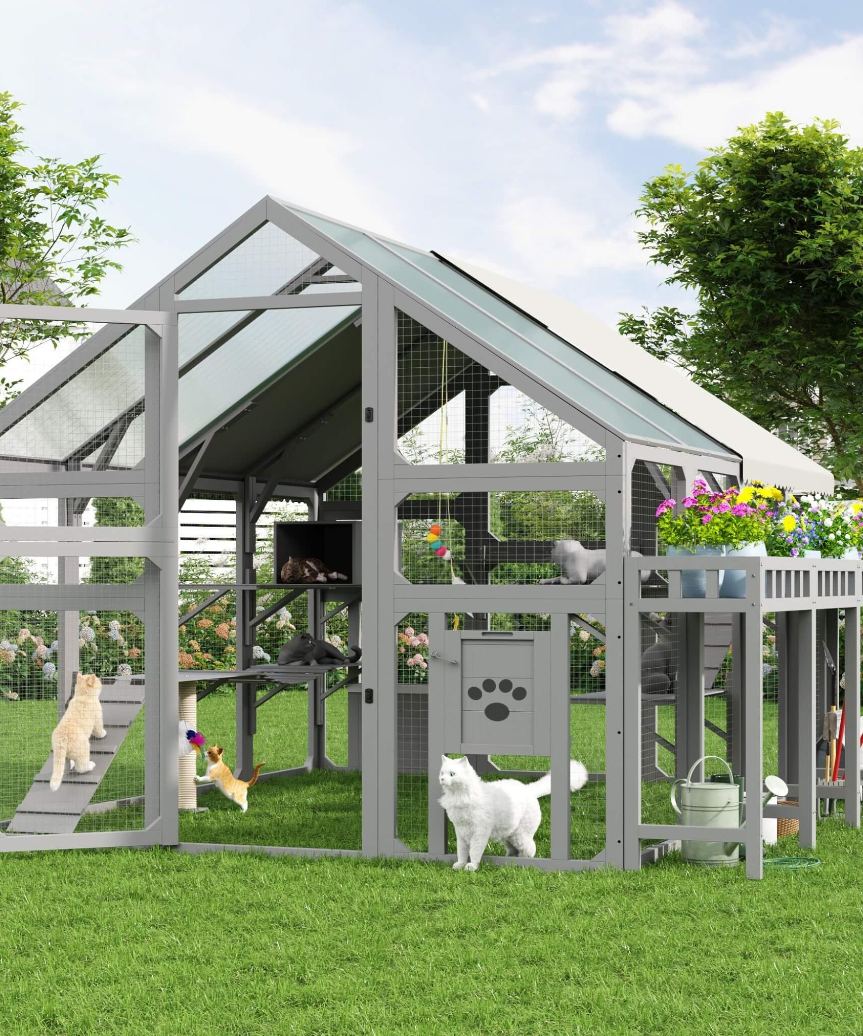 Large 94-Inch Outdoor Wooden Cat House With Planter & Walk-In Catio (SAK97531)