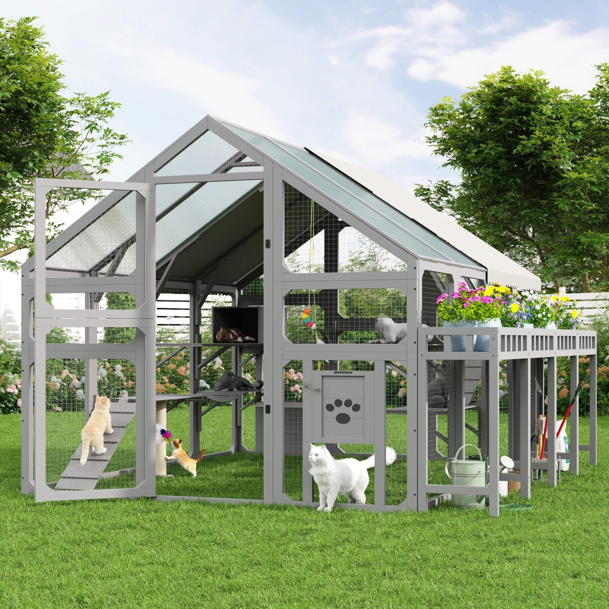 Large 94-Inch Outdoor Wooden Cat House With Planter & Walk-In Catio (SAK97531)