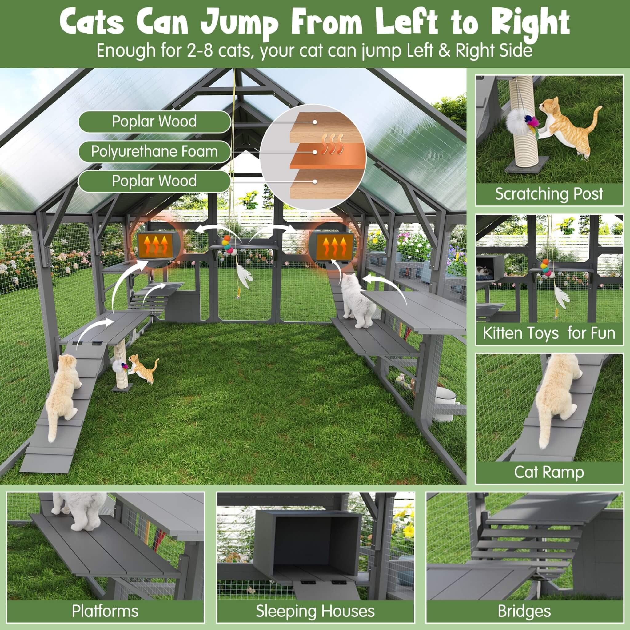 Large 94-Inch Outdoor Wooden Cat House With Planter & Walk-In Catio (SAK97531)