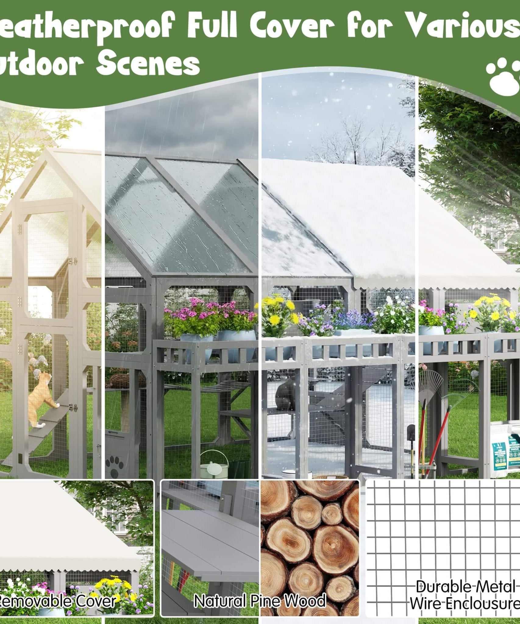 Large 94-Inch Outdoor Wooden Cat House With Planter & Walk-In Catio (SAK97531)