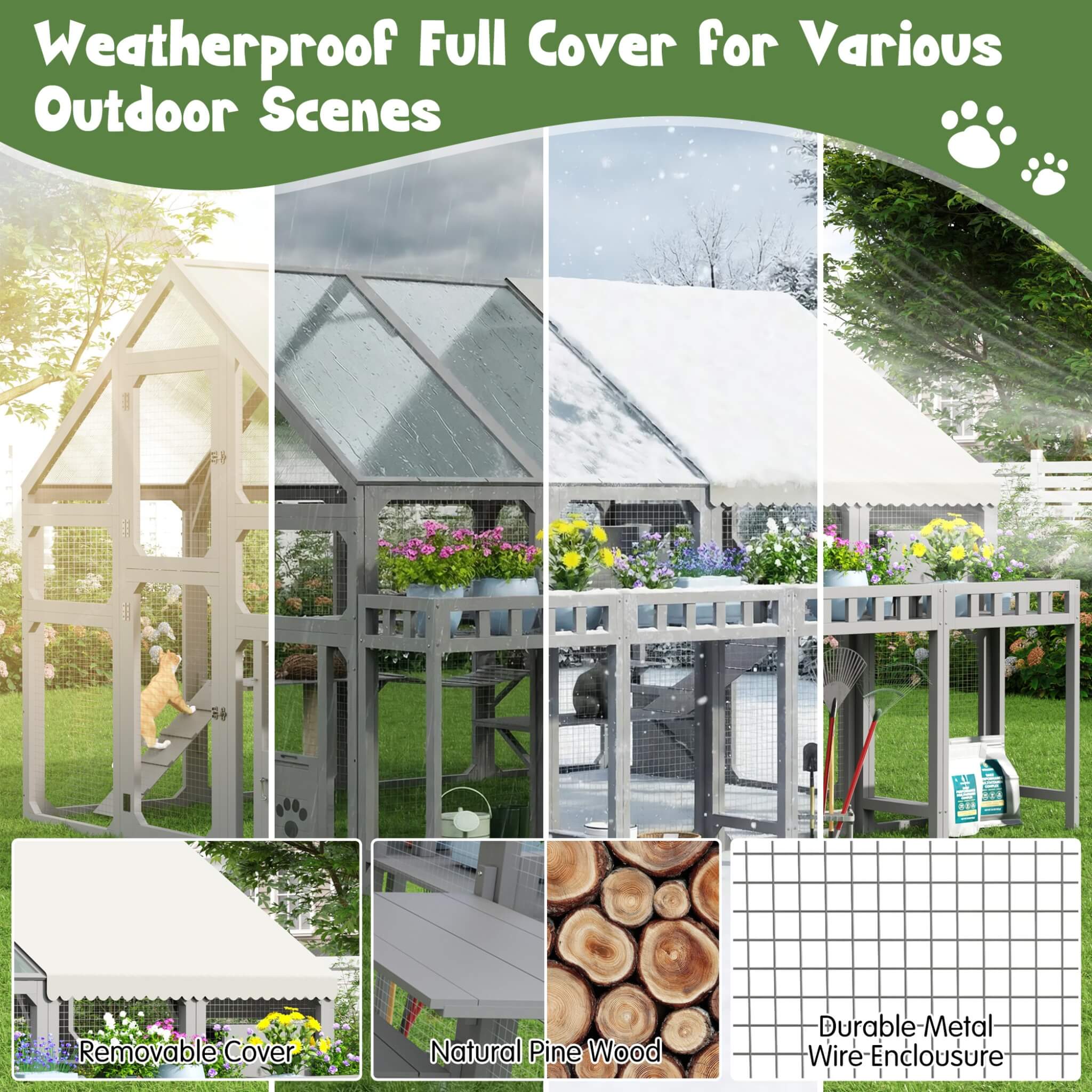 Large 94-Inch Outdoor Wooden Cat House With Planter & Walk-In Catio (SAK97531)