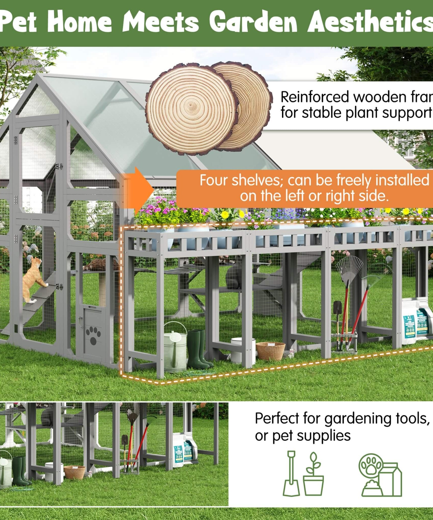 Large 94-Inch Outdoor Wooden Cat House With Planter & Walk-In Catio (SAK97531)