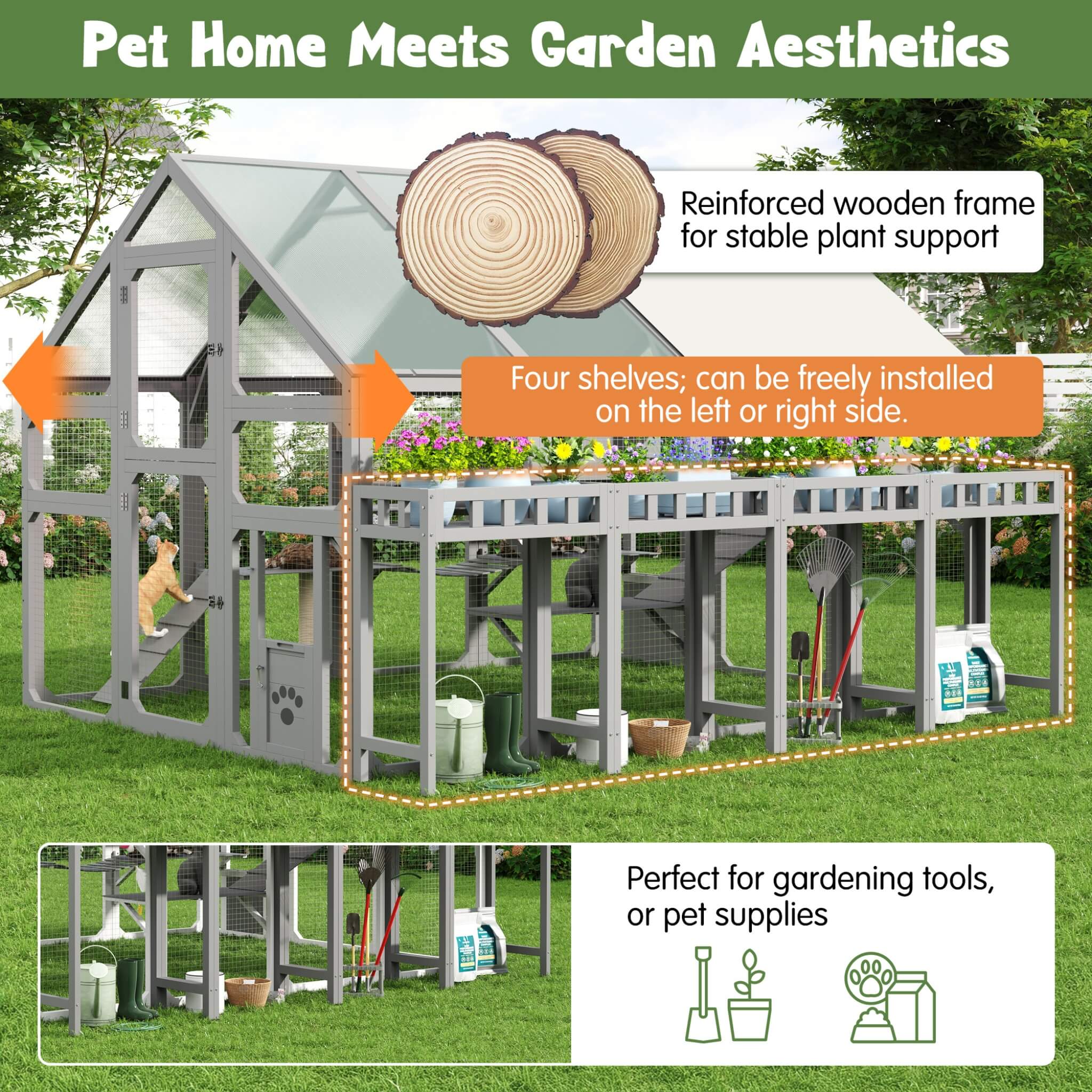 Large 94-Inch Outdoor Wooden Cat House With Planter & Walk-In Catio (SAK97531)