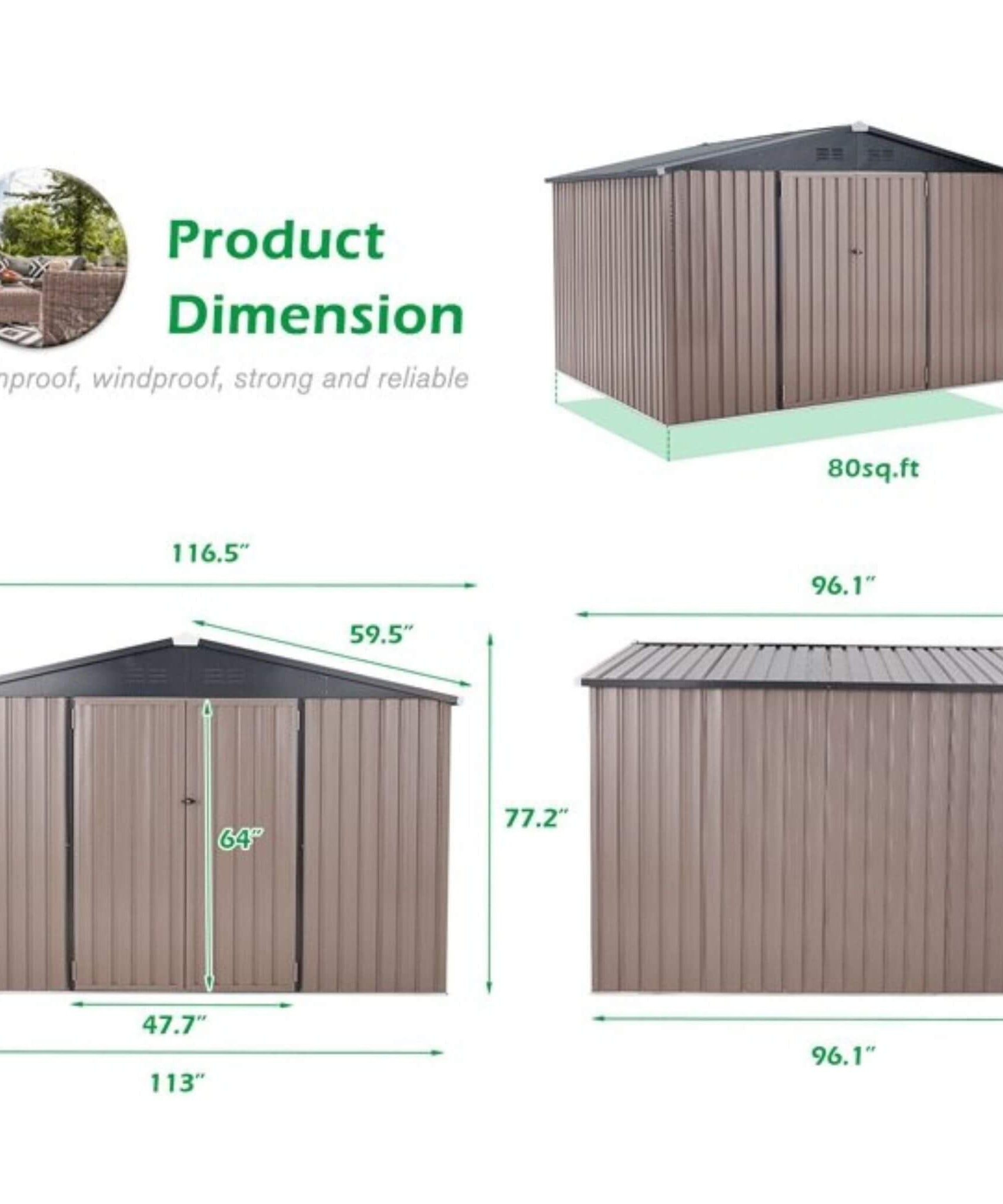 [08X10FT] Alora Large Heavy-Duty Outdoor Metal Garden Tools Storage Utility Shed W/ Lockable Door (SAK72751)