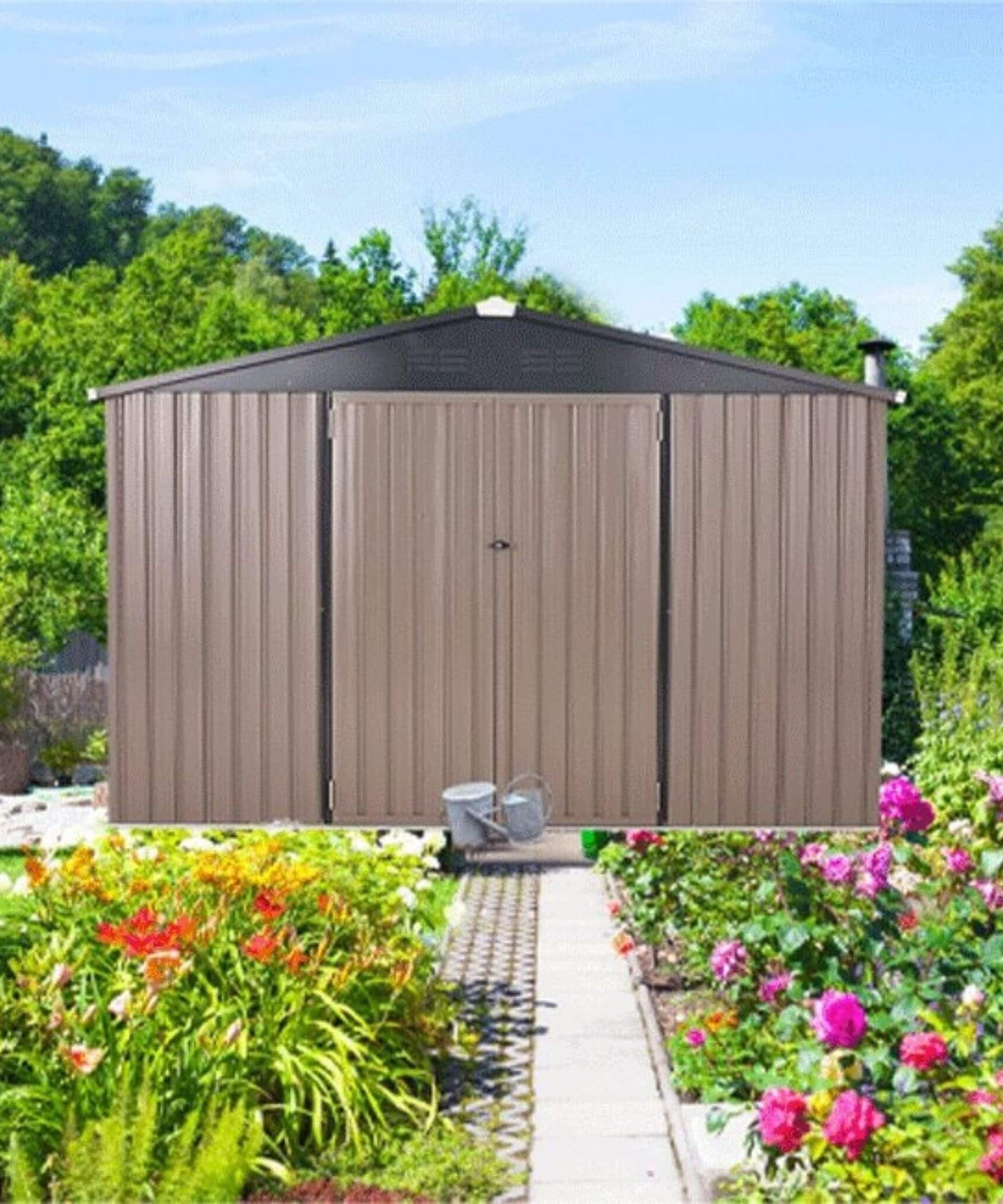 [08X10FT] Alora Large Heavy-Duty Outdoor Metal Garden Tools Storage Utility Shed W/ Lockable Door (SAK72751)