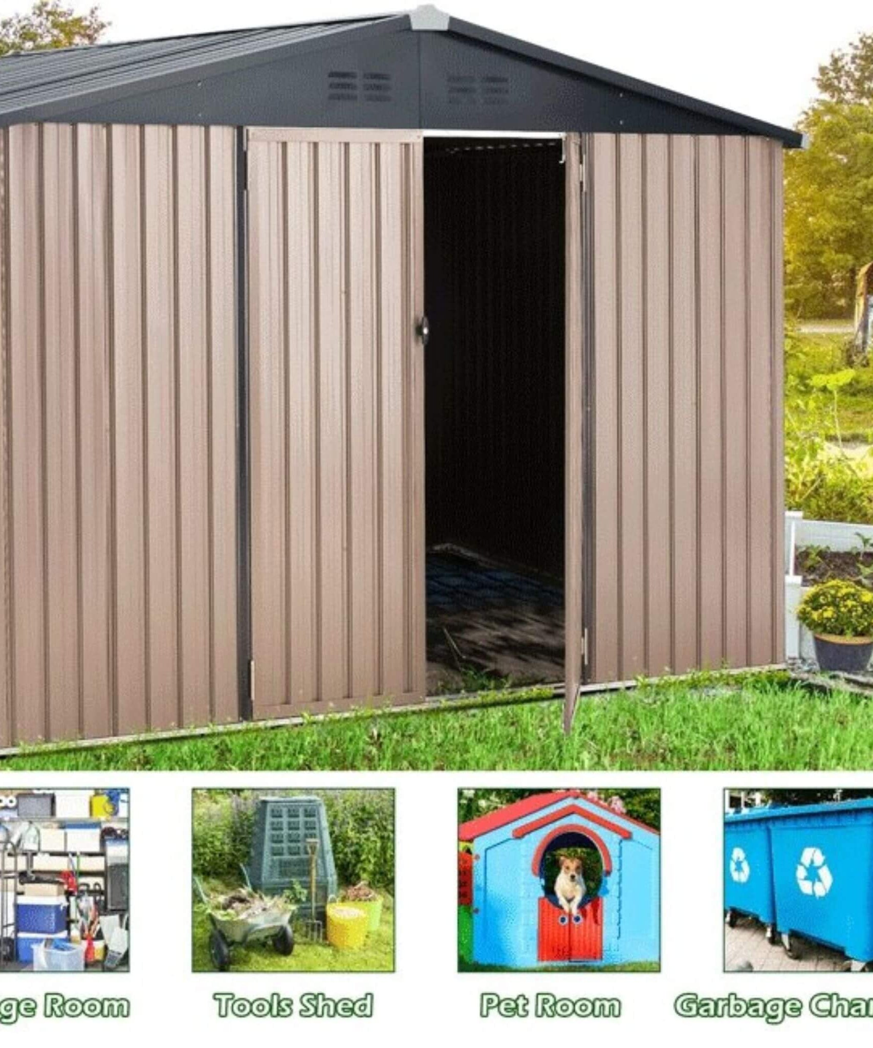 [08X10FT] Alora Large Heavy-Duty Outdoor Metal Garden Tools Storage Utility Shed W/ Lockable Door (SAK72751)