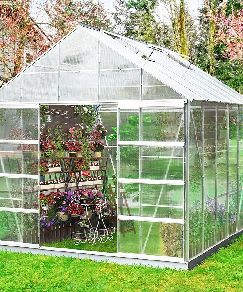 [10X12FT] Large Heavy-Duty Outdoor Walk-In Polycarbonate Aluminum Frame Greenhouse With Adjustable Vents & Sliding Doors (SAK93648)
