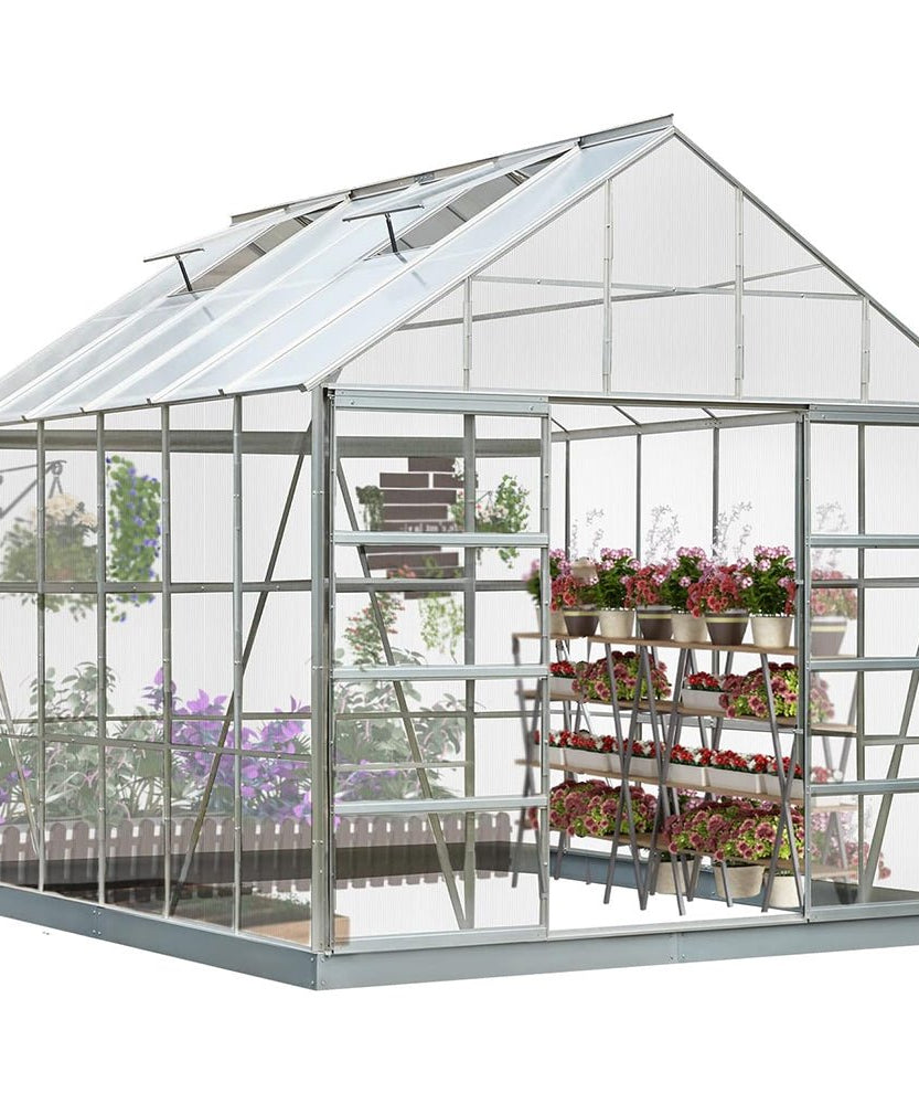 [10X12FT] Large Heavy-Duty Outdoor Walk-In Polycarbonate Aluminum Frame Greenhouse With Adjustable Vents & Sliding Doors (SAK93648)
