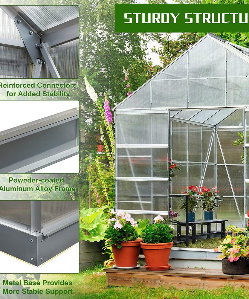 [10X12FT] Large Heavy-Duty Outdoor Walk-In Polycarbonate Aluminum Frame Greenhouse With Adjustable Vents & Sliding Doors (SAK93648)