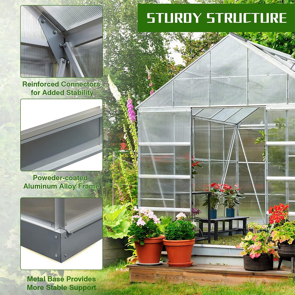 [10X12FT] Large Heavy-Duty Outdoor Walk-In Polycarbonate Aluminum Frame Greenhouse With Adjustable Vents & Sliding Doors (SAK93648)