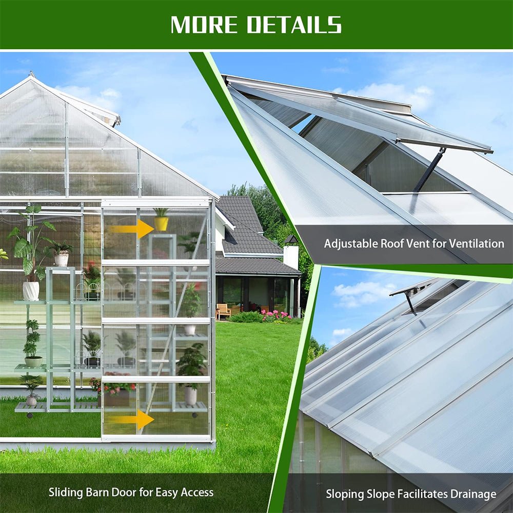 [10X12FT] Large Heavy-Duty Outdoor Walk-In Polycarbonate Aluminum Frame Greenhouse With Adjustable Vents & Sliding Doors (SAK93648)