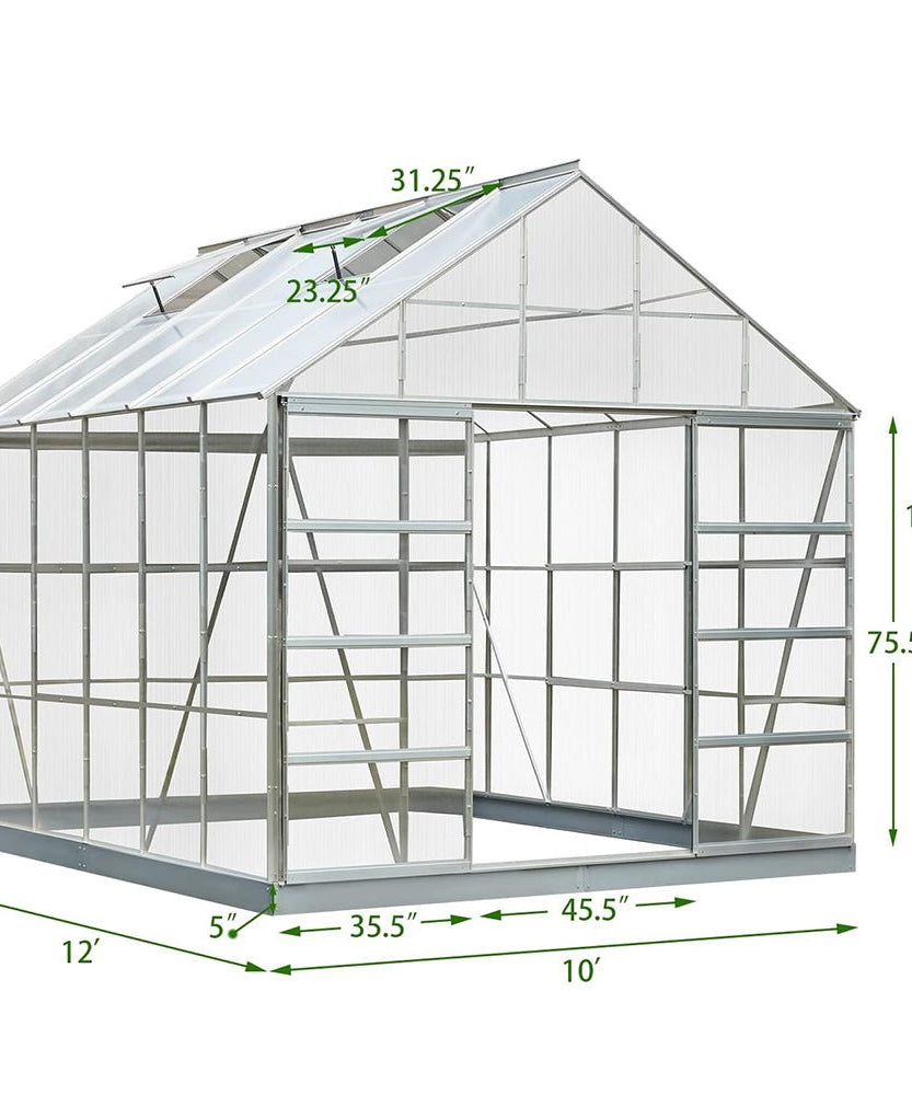[10X12FT] Large Heavy-Duty Outdoor Walk-In Polycarbonate Aluminum Frame Greenhouse With Adjustable Vents & Sliding Doors (SAK93648)