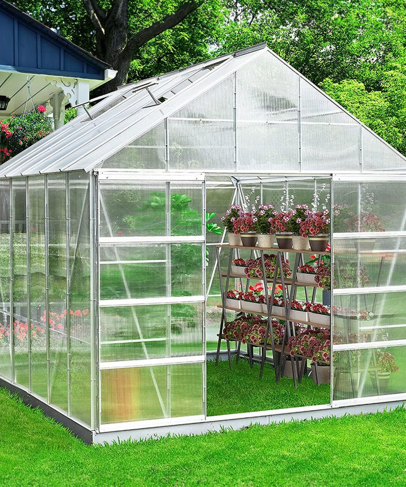 [10X12FT] Large Heavy-Duty Outdoor Walk-In Polycarbonate Aluminum Frame Greenhouse With Adjustable Vents & Sliding Doors (SAK93648)