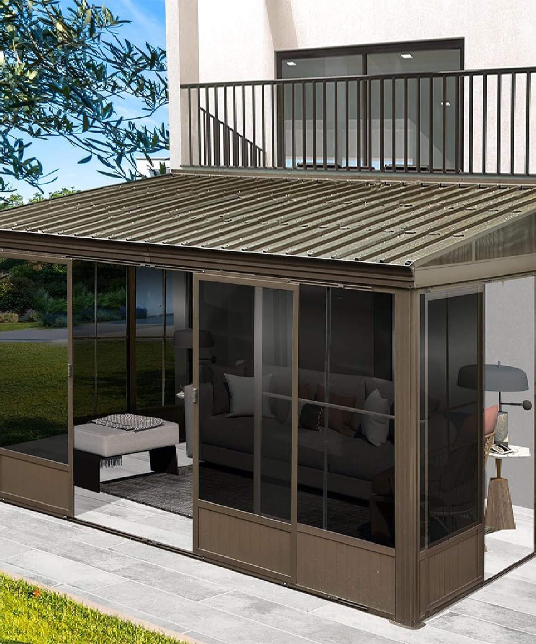 [12X14FT] Alora Haven Large Outdoor All-Season Wall-Mounted Sunroom With Galvanized Steel Roof & Moveable PVC Screen (SAK46475)