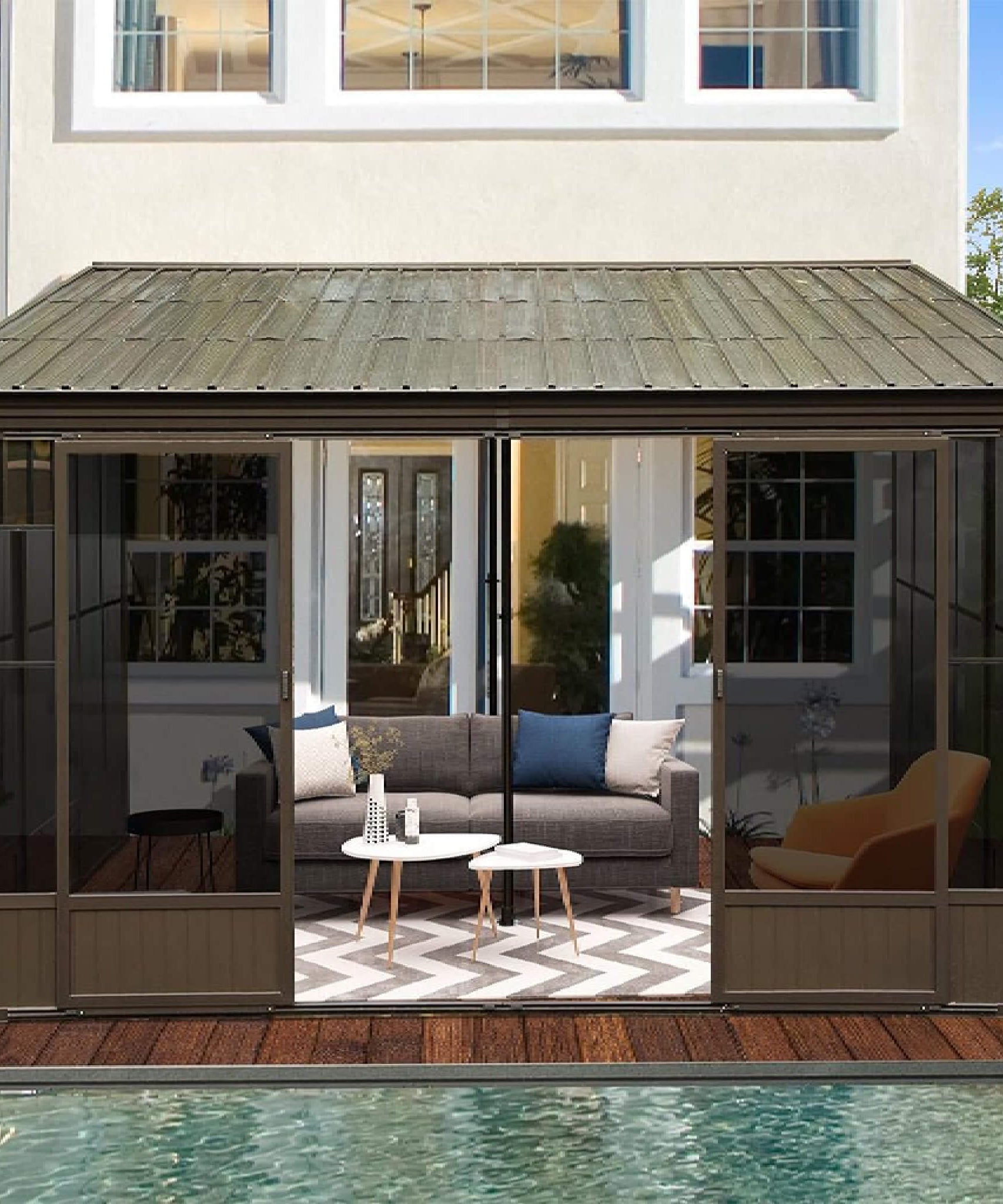 [12X14FT] Alora Haven Large Outdoor All-Season Wall-Mounted Sunroom With Galvanized Steel Roof & Moveable PVC Screen (SAK46475)