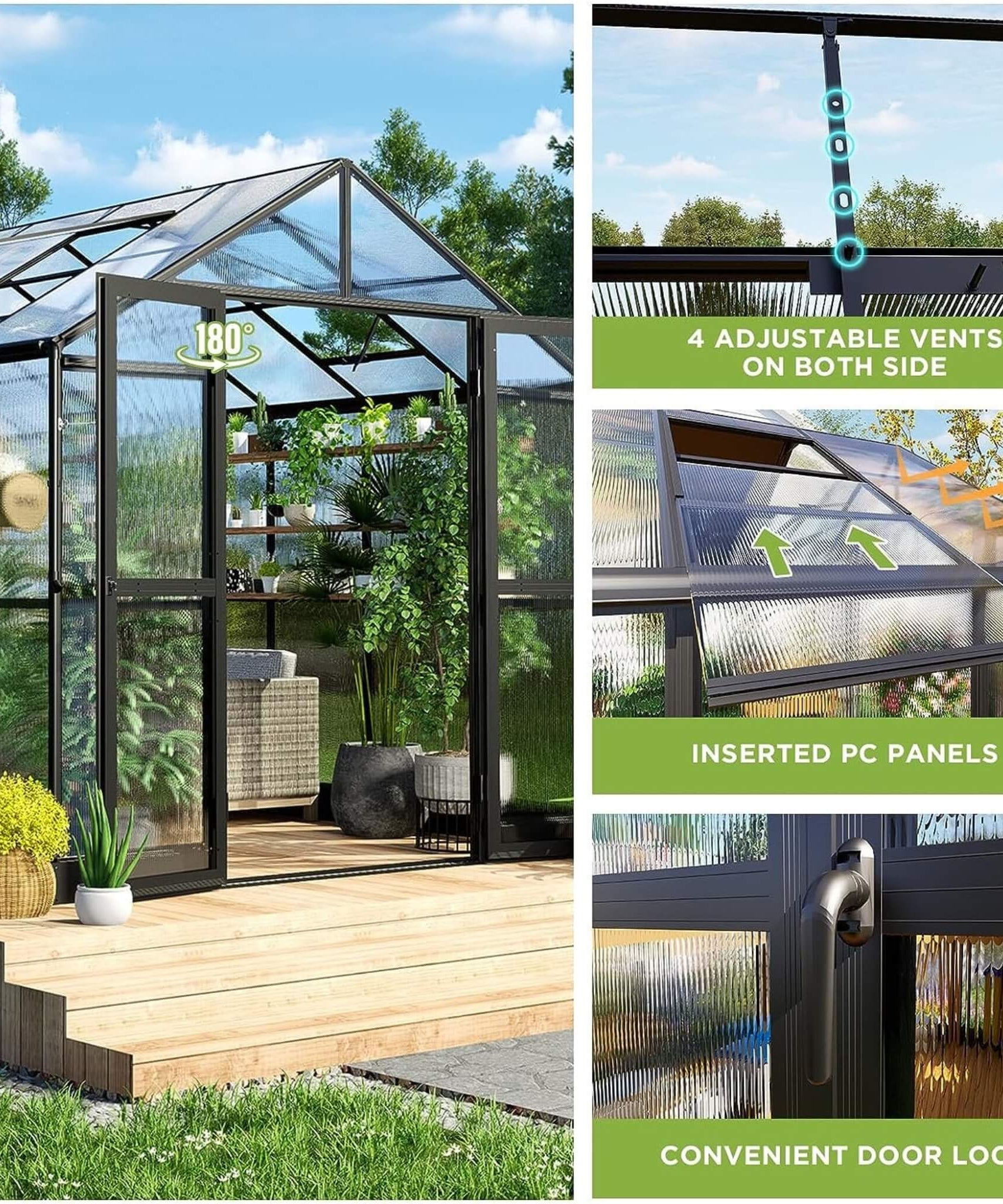 [08X12FT] Large Premium Outdoor Aluminum Polycarbonate Greenhouse With Double Swing Doors (SAK92641)