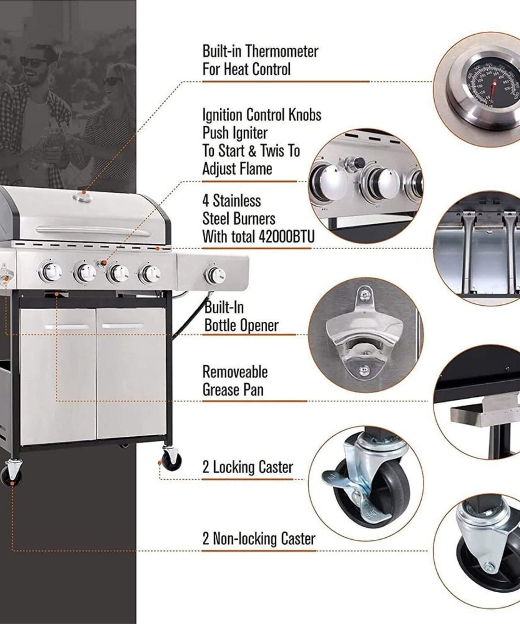 Large Outdoor 42K BTU BBQ Stainless Steel Propane Gas Grill With 4 Burners (SAK61283)