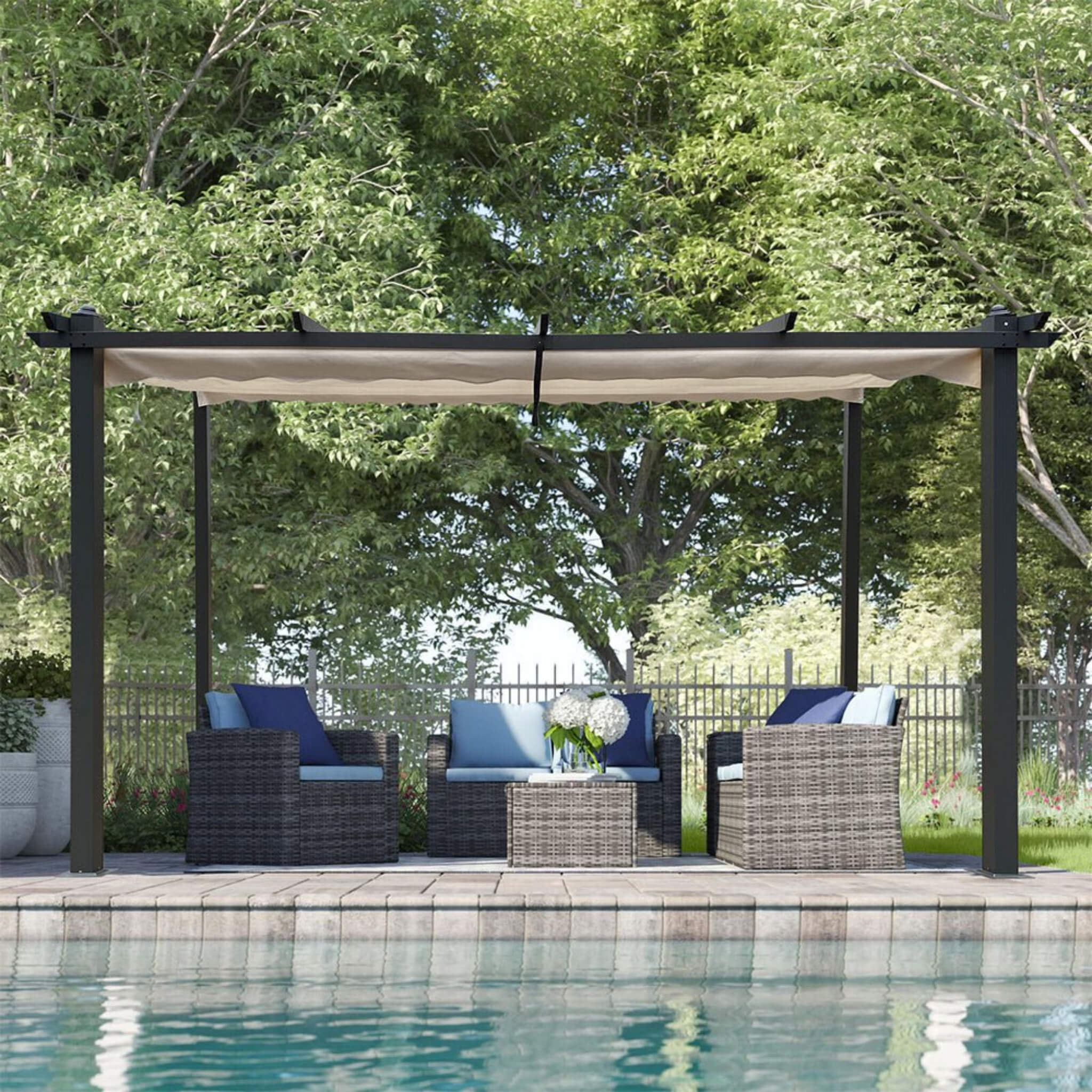 [10X13FT] Alora Large Outdoor Patio Pergola With Canopy & Retractable Sun Shades, Beige (SAK51842)