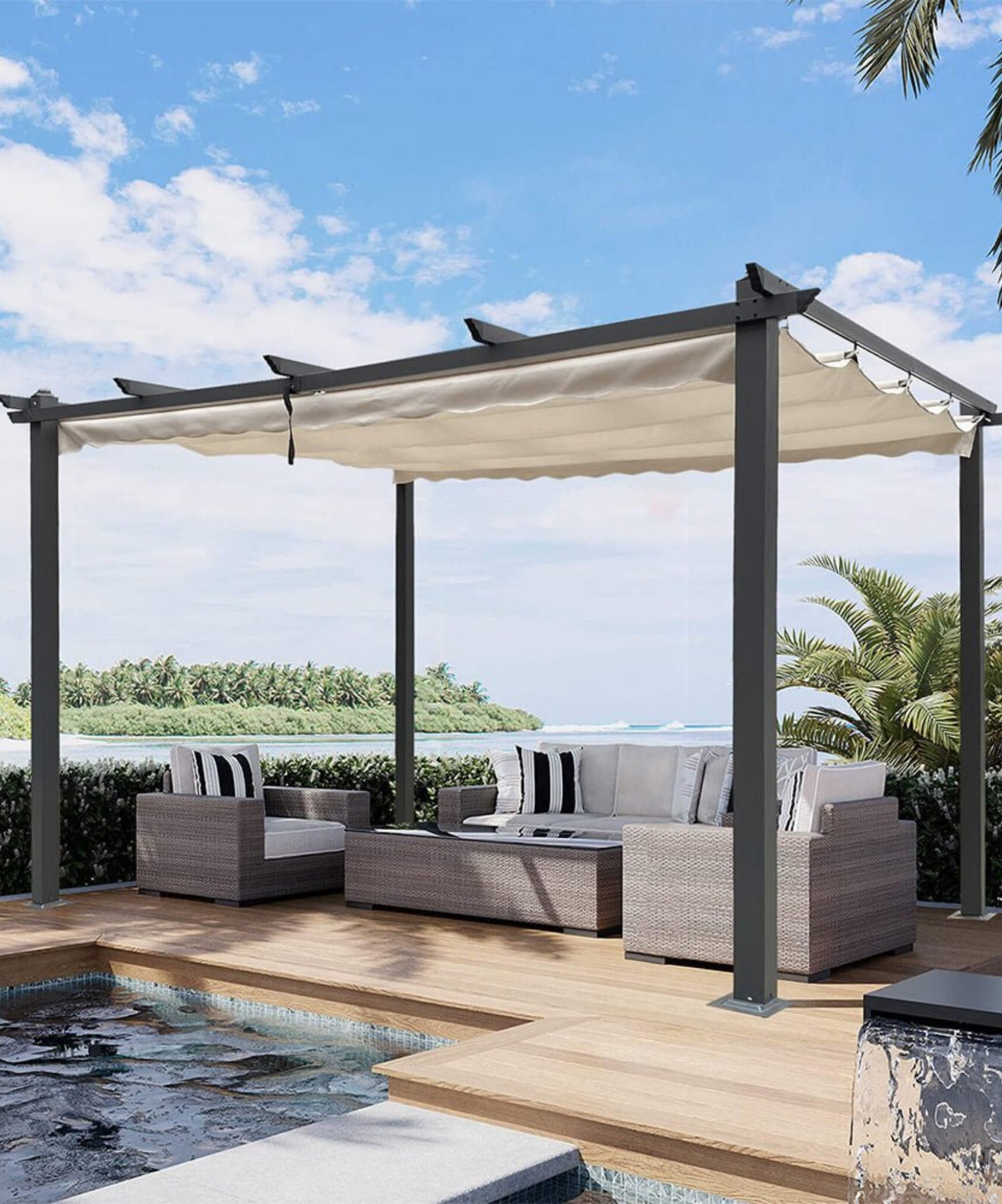 [10X13FT] Alora Large Outdoor Patio Pergola With Canopy & Retractable Sun Shades, Beige (SAK51842)