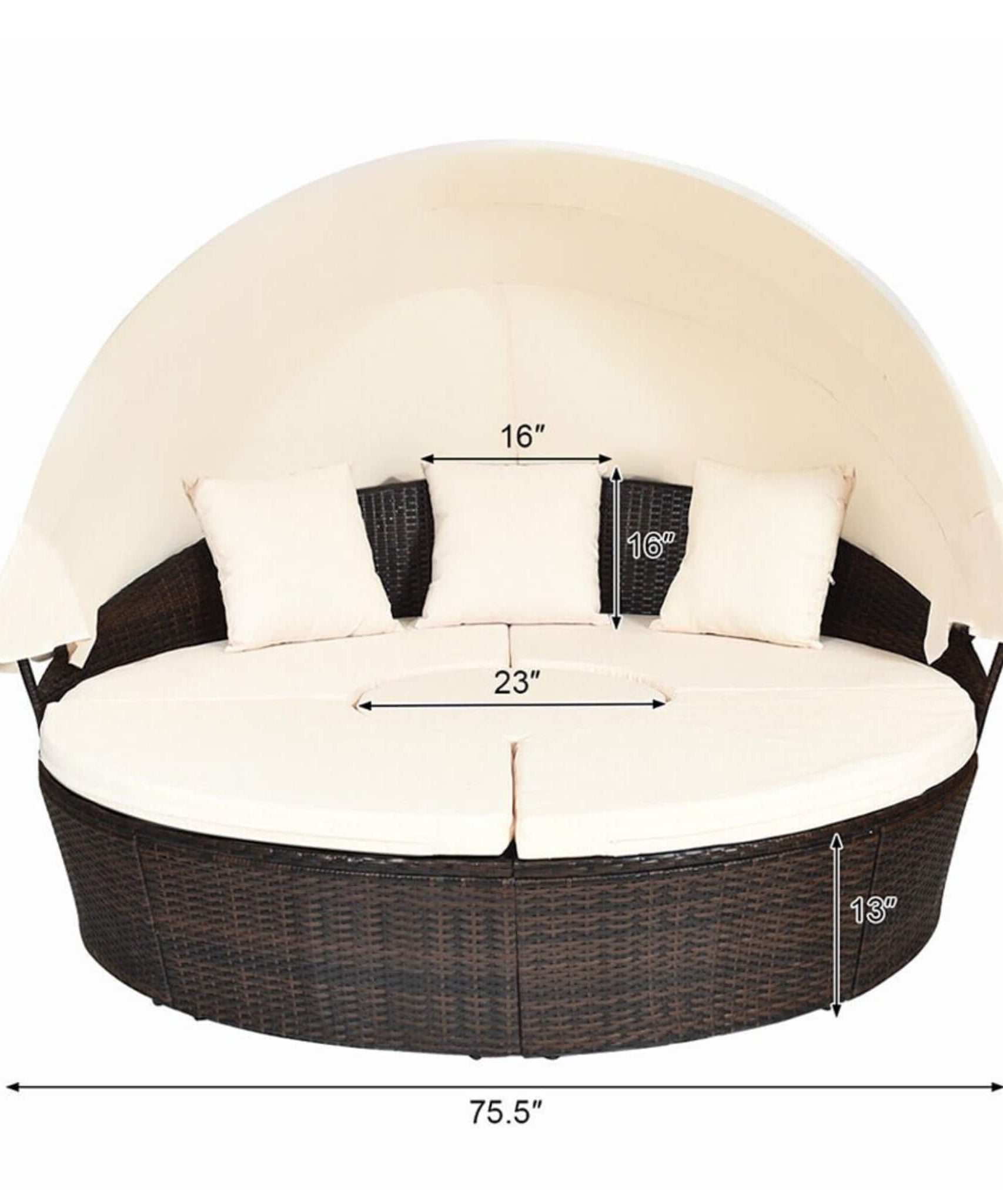 Alora Large 76-Inch Outdoor Patio Rattan Daybed Sofa W/ Adjustable Table Top, Canopy & 3 Pillows (SAK91254)