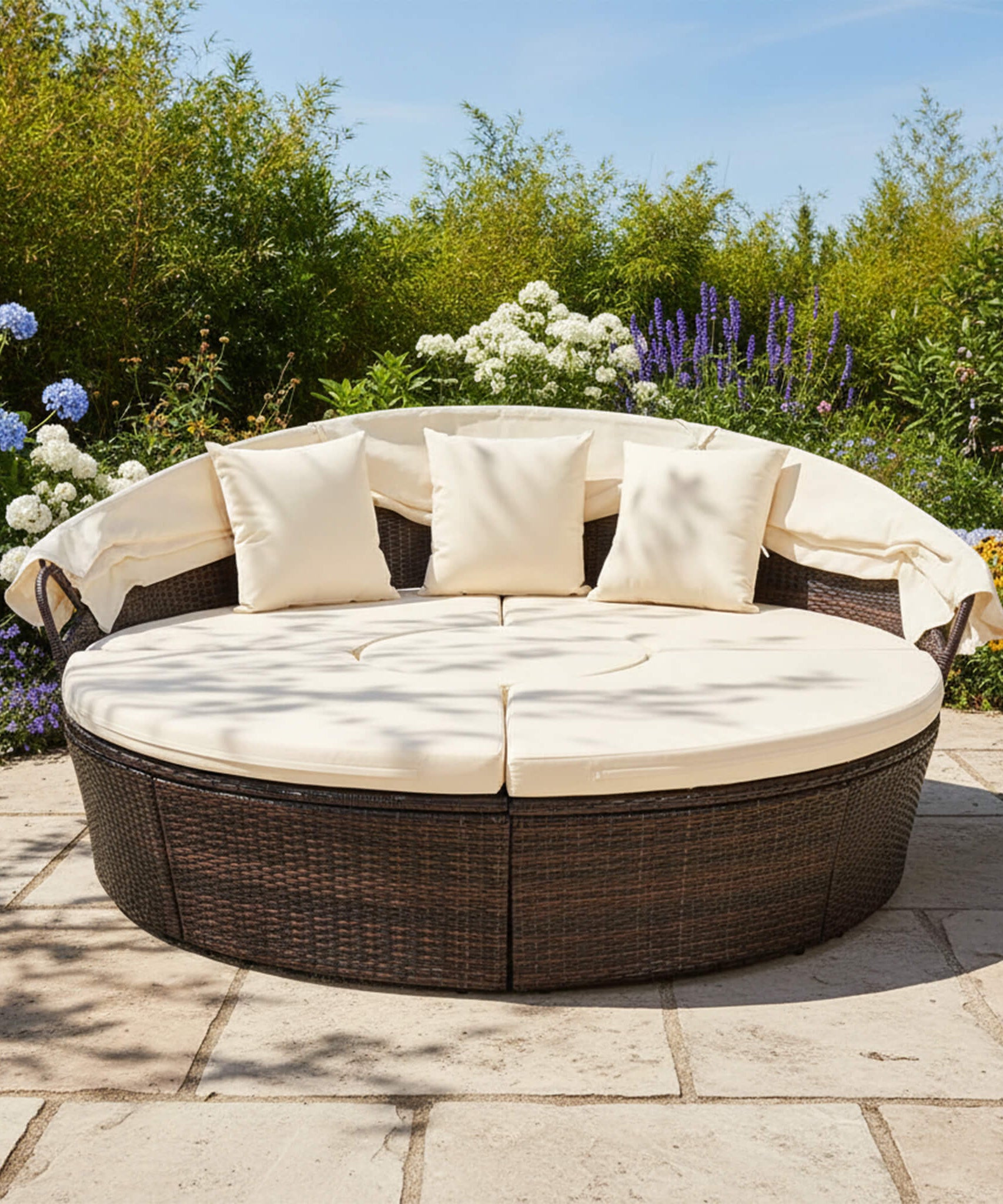 Alora Large 76-Inch Outdoor Patio Rattan Daybed Sofa W/ Adjustable Table Top, Canopy & 3 Pillows (SAK91254)