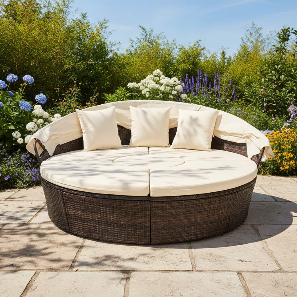 Alora Large 76-Inch Outdoor Patio Rattan Daybed Sofa W/ Adjustable Table Top, Canopy & 3 Pillows (SAK91254)
