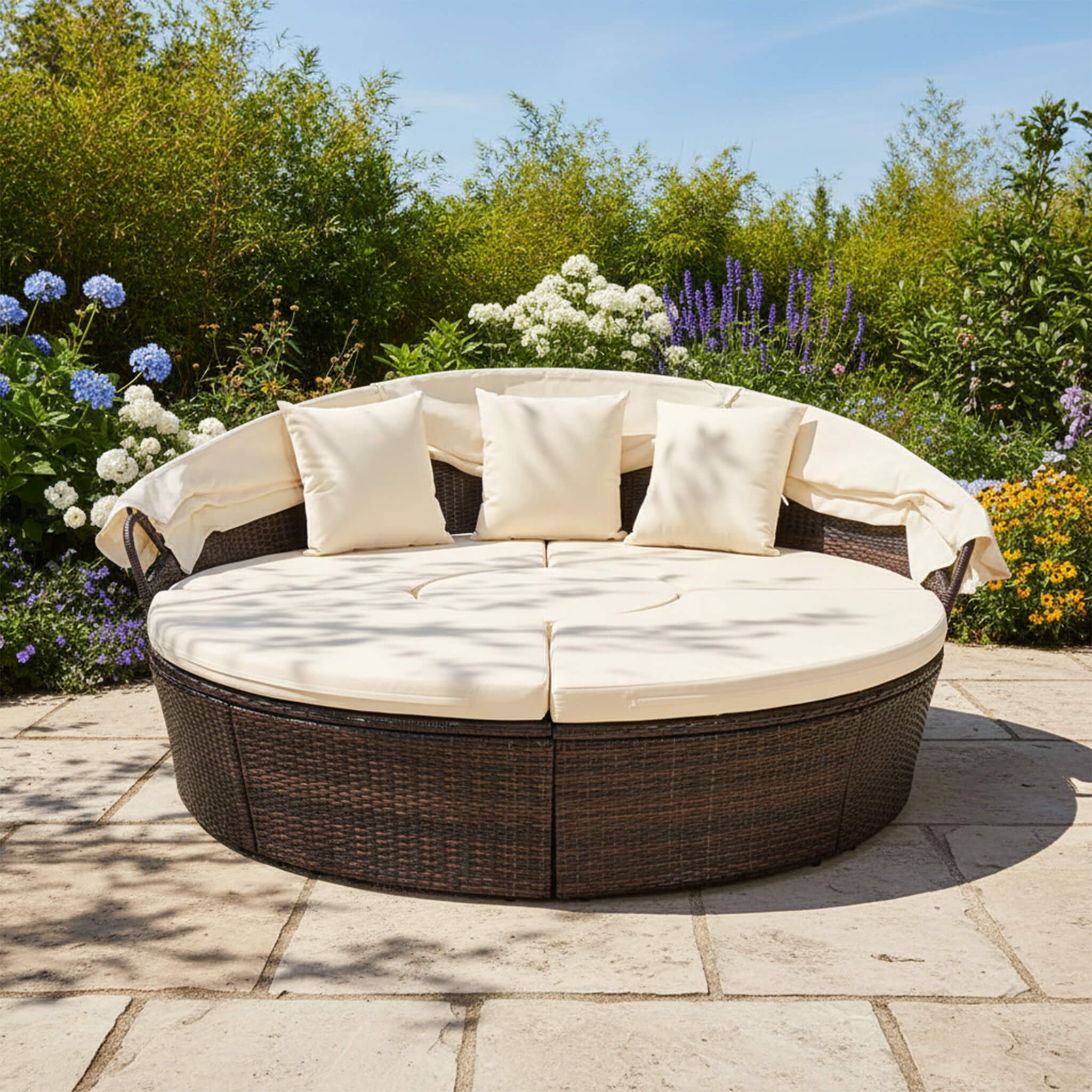 Alora Large 76-Inch Outdoor Patio Rattan Daybed Sofa W/ Adjustable Table Top, Canopy & 3 Pillows (SAK91254)