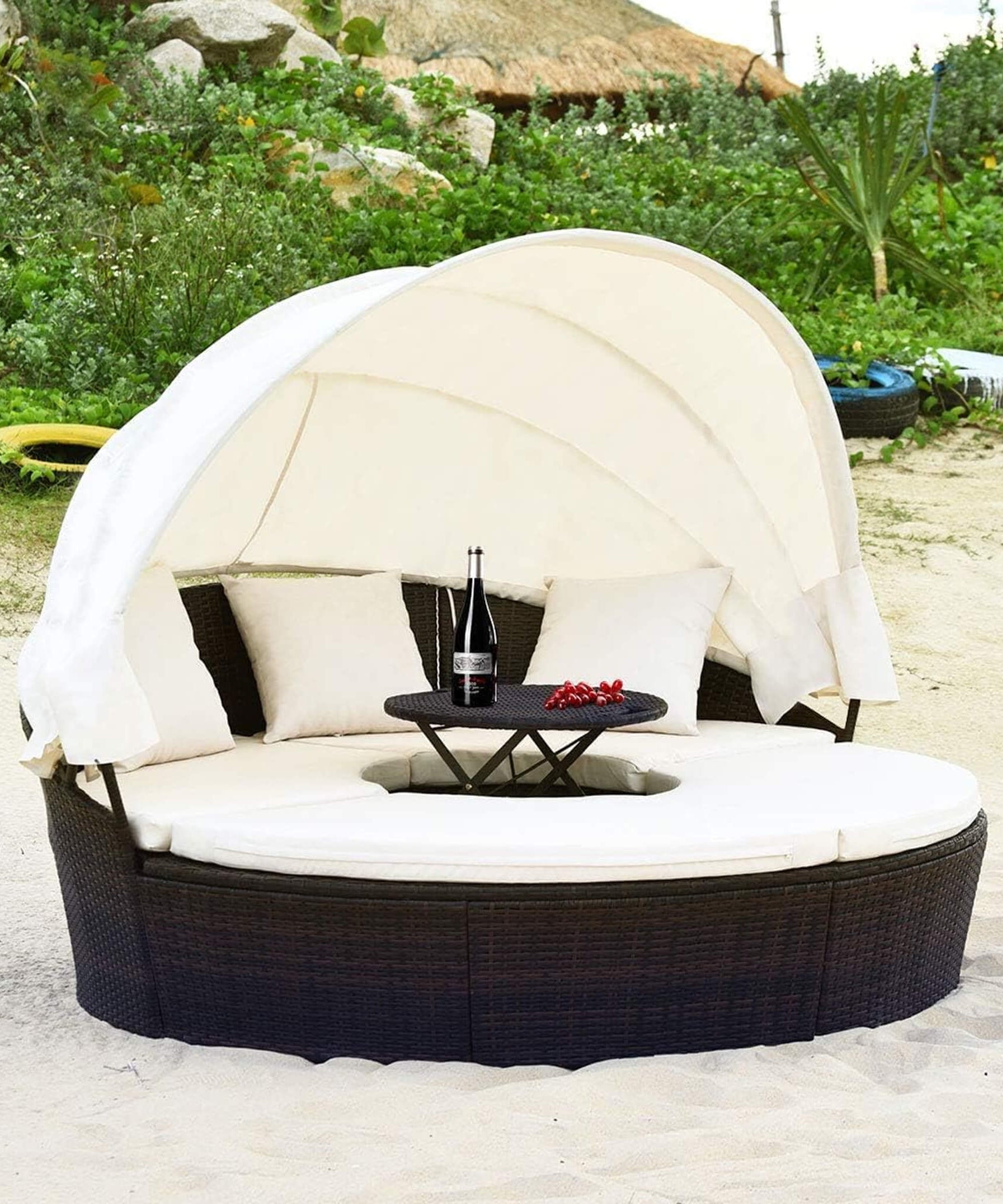 Alora Large 76-Inch Outdoor Patio Rattan Daybed Sofa W/ Adjustable Table Top, Canopy & 3 Pillows (SAK91254)