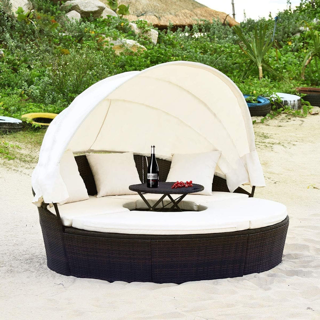 Alora Large 76-Inch Outdoor Patio Rattan Daybed Sofa W/ Adjustable Table Top, Canopy & 3 Pillows (SAK91254)