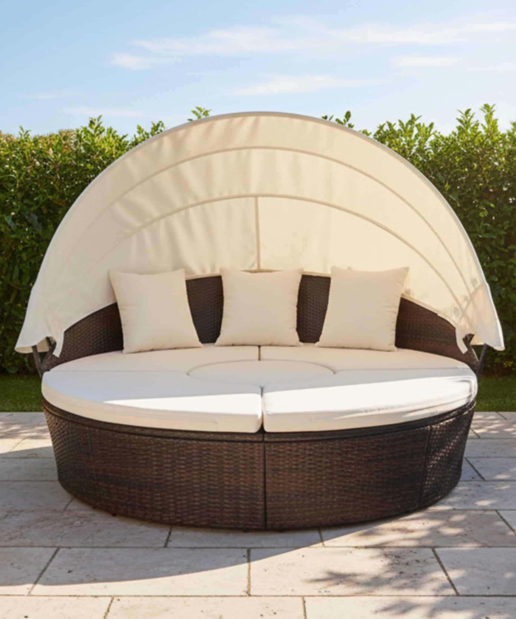 Alora Large 76-Inch Outdoor Patio Rattan Daybed Sofa W/ Adjustable Table Top, Canopy & 3 Pillows (SAK91254)