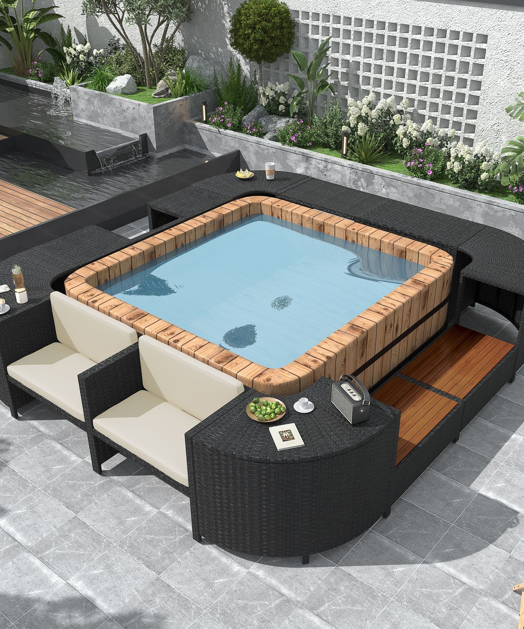 Alora Large Outdoor Quadrilateral Spa Surround Rattan Sectional Sofa Set With Storage Compartments (SAK80217)