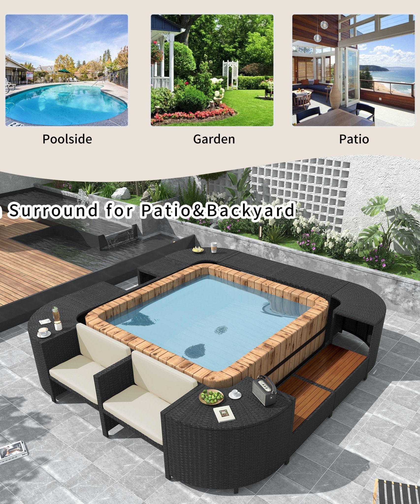 Alora Large Outdoor Quadrilateral Spa Surround Rattan Sectional Sofa Set With Storage Compartments (SAK80217)