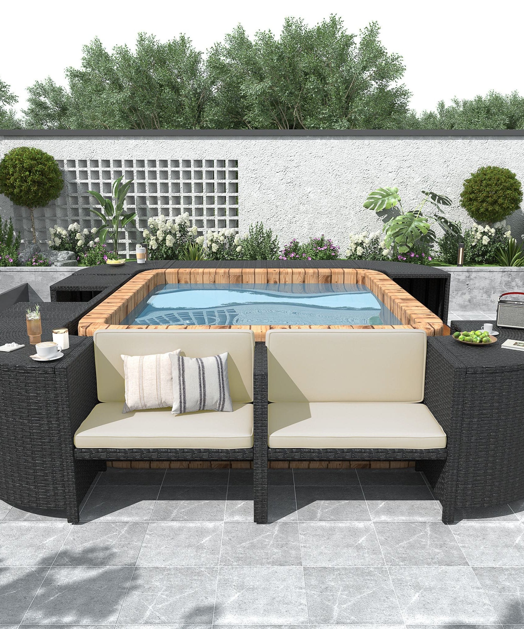 Alora Large Outdoor Quadrilateral Spa Surround Rattan Sectional Sofa Set With Storage Compartments (SAK80217)