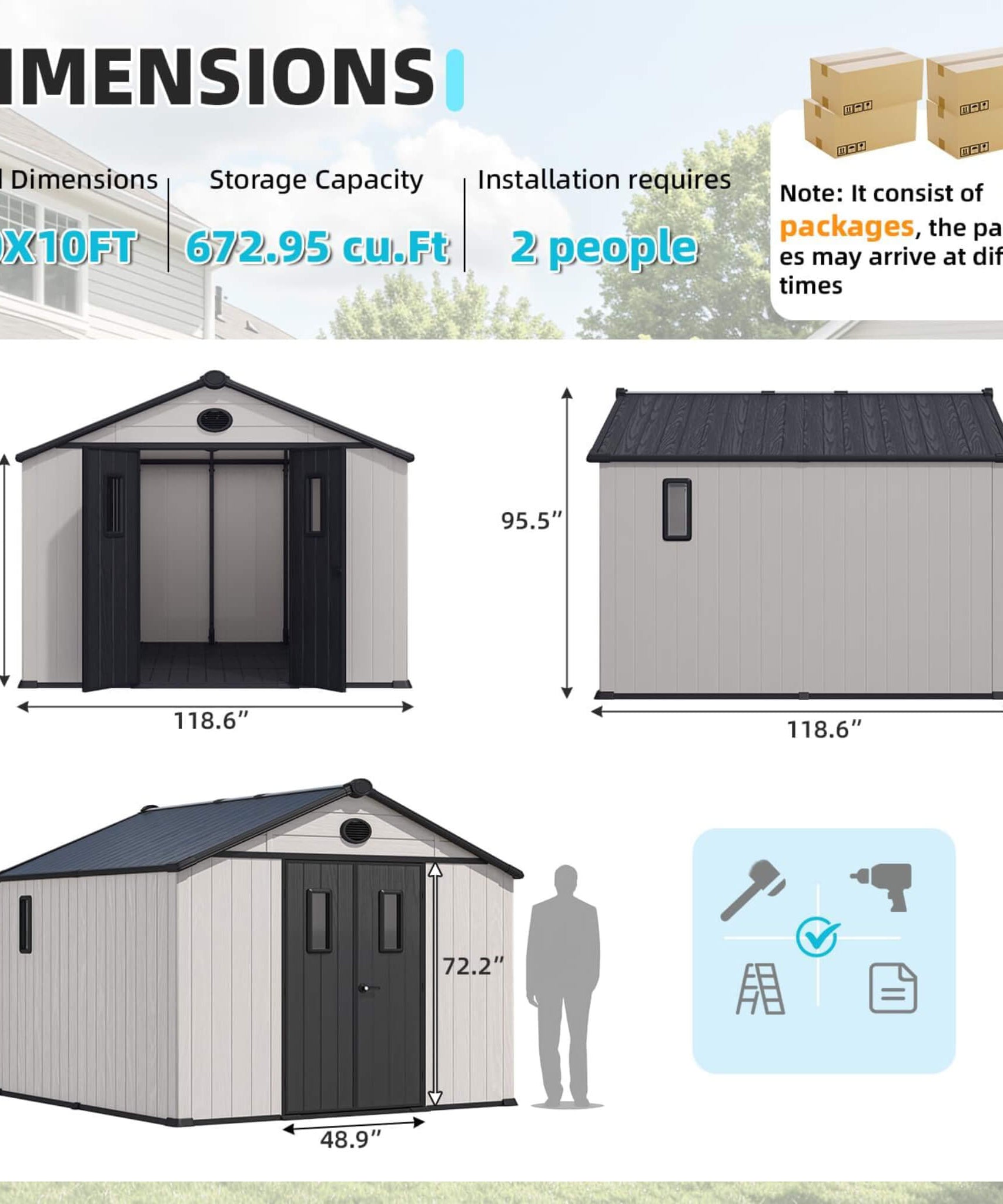 Large Outdoor Resin Storage Shed With Floor, Windows, Lockable Doors, Vents (SAK61784)