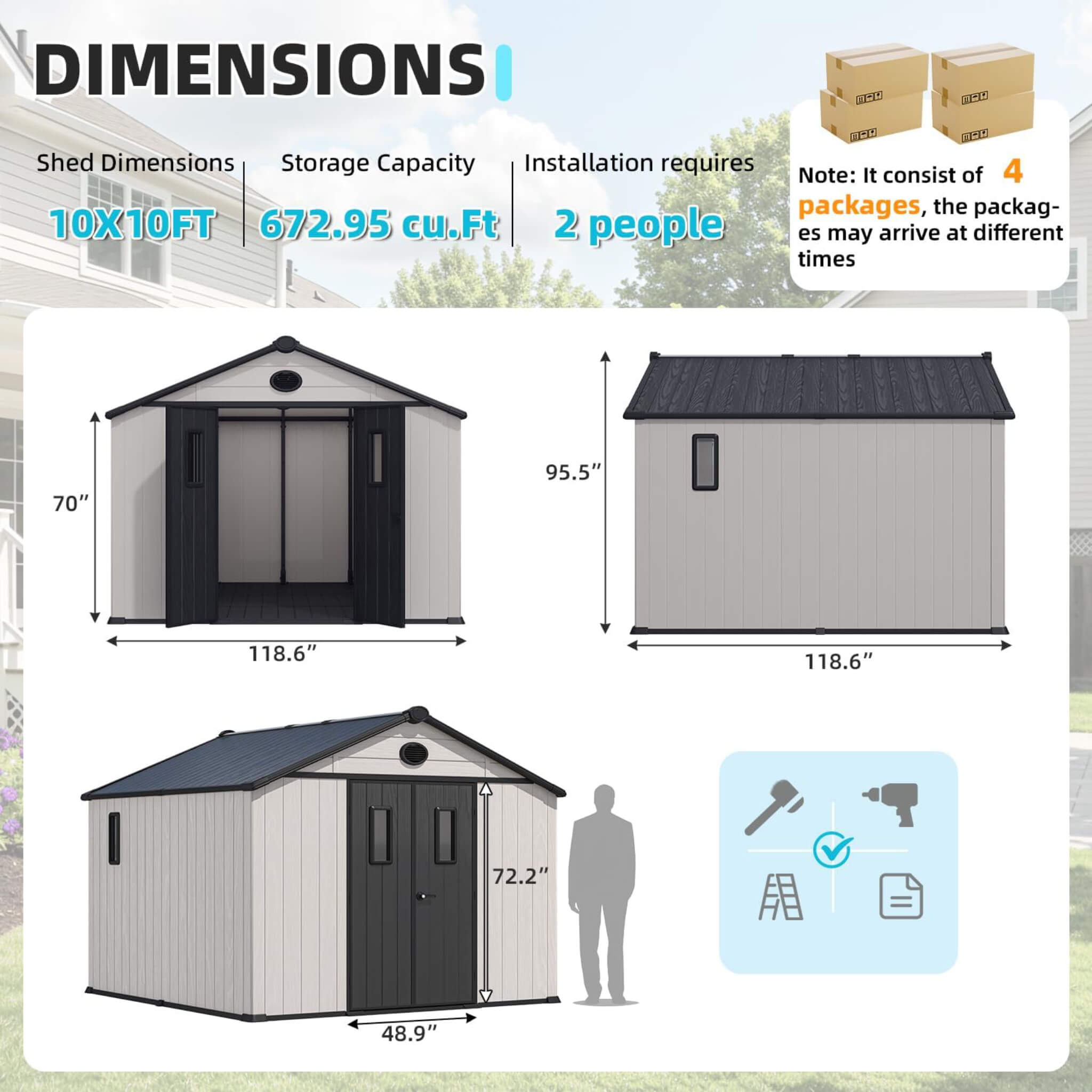 Large Outdoor Resin Storage Shed With Floor, Windows, Lockable Doors, Vents (SAK61784)