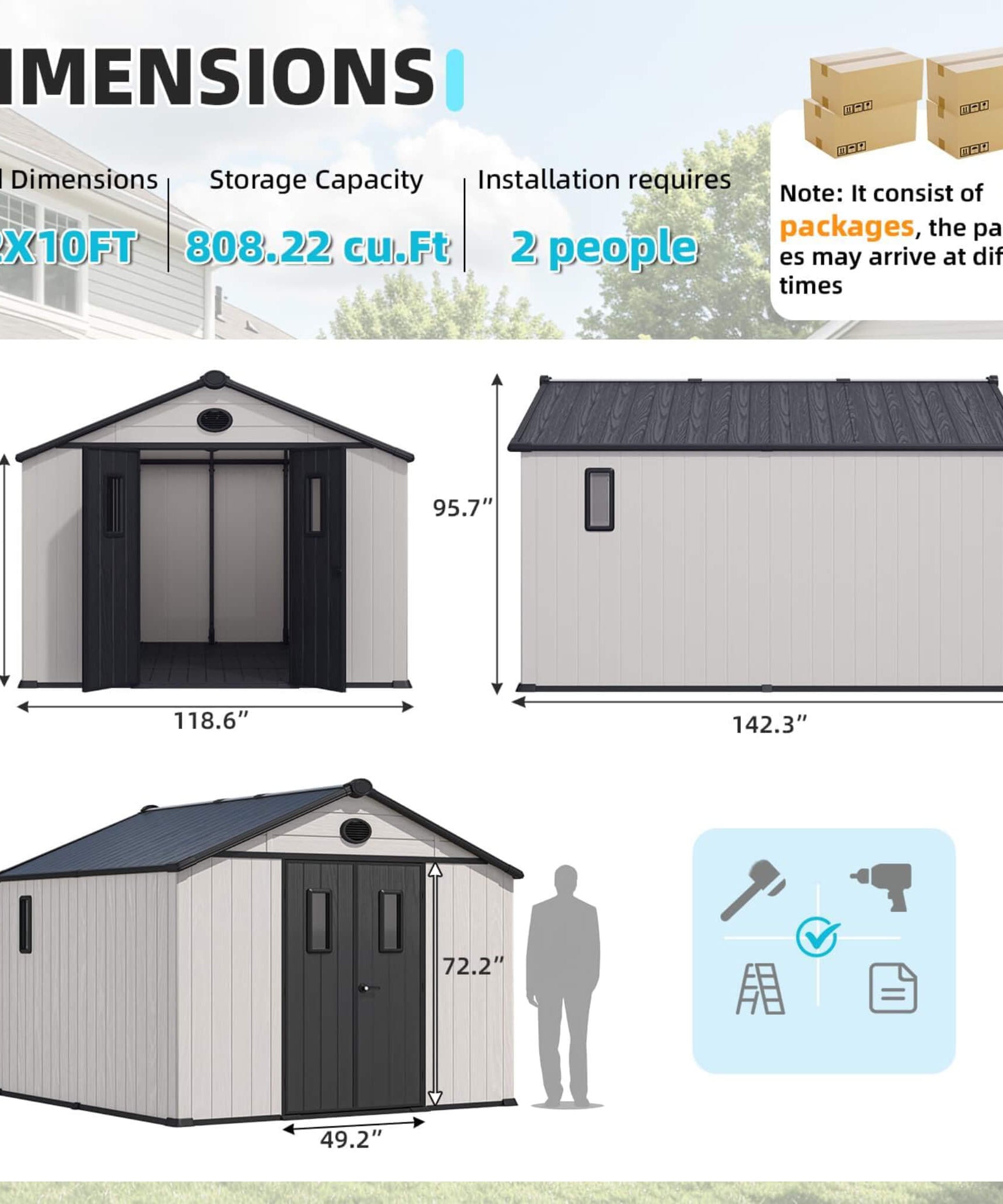 Large Outdoor Resin Storage Shed With Floor, Windows, Lockable Doors, Vents (SAK61784)