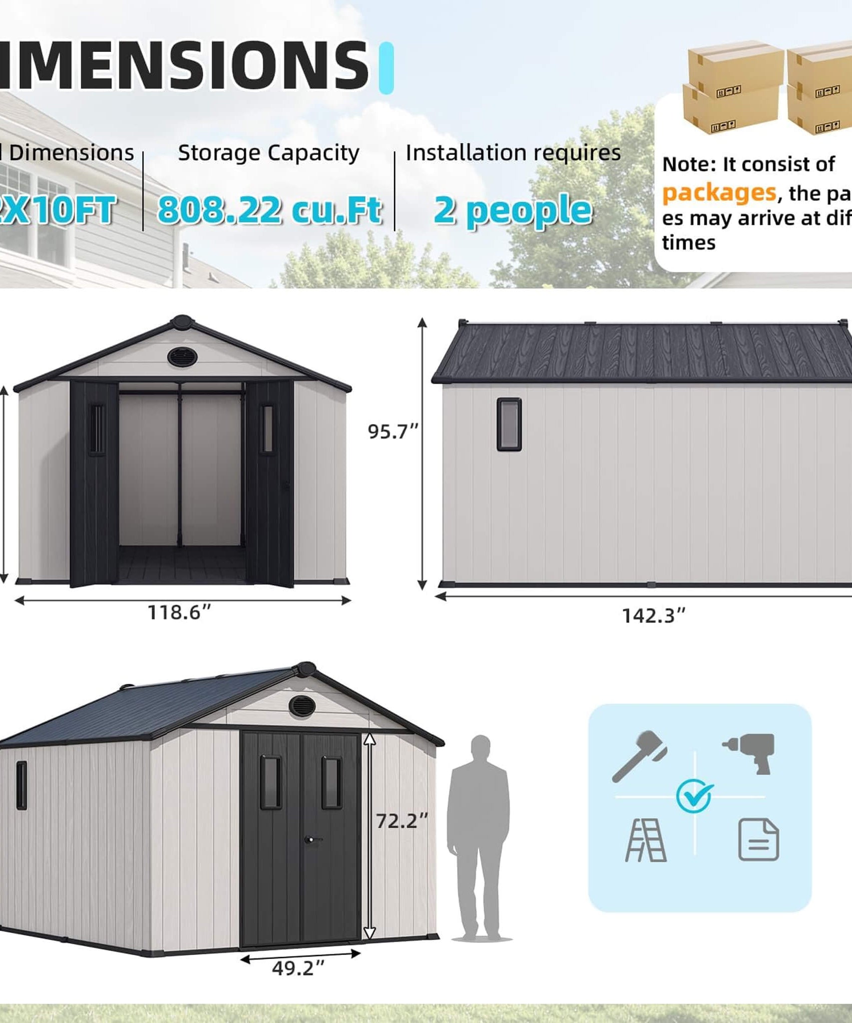 Large Outdoor Resin Storage Shed With Floor, Windows, Lockable Doors, Vents (SAK61784)