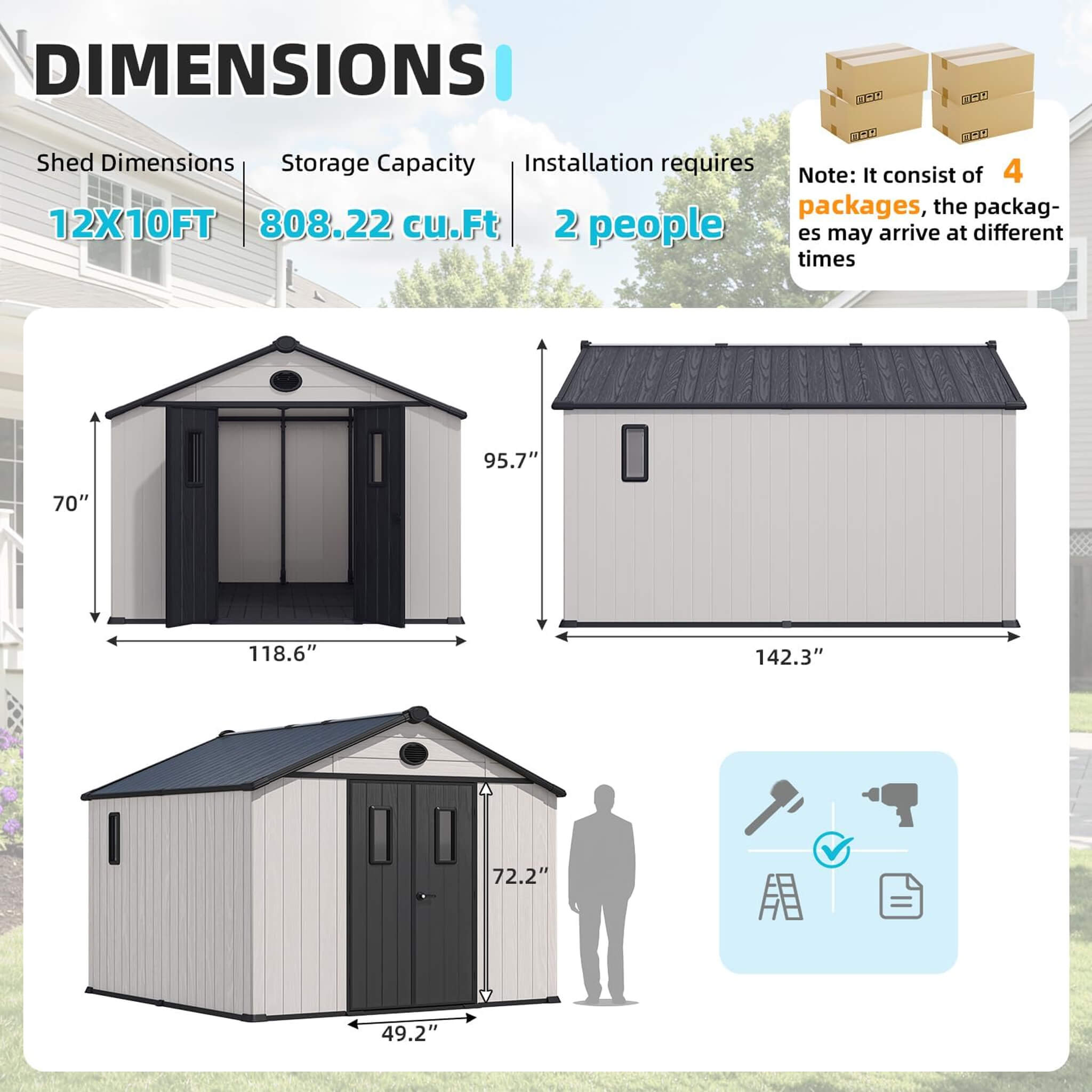 Large Outdoor Resin Storage Shed With Floor, Windows, Lockable Doors, Vents (SAK61784)
