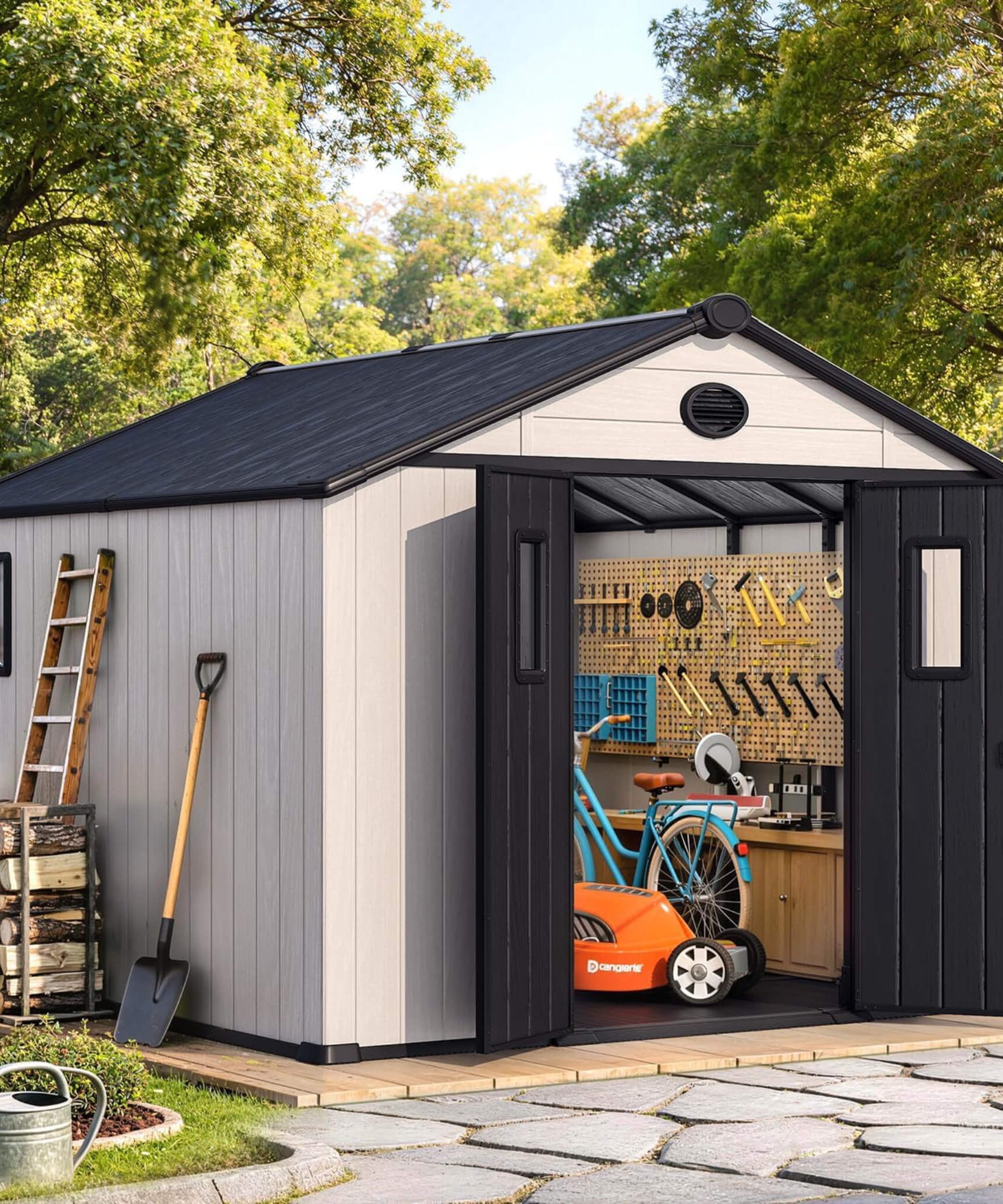 Large Outdoor Resin Storage Shed With Floor, Windows, Lockable Doors, Vents (SAK61784)